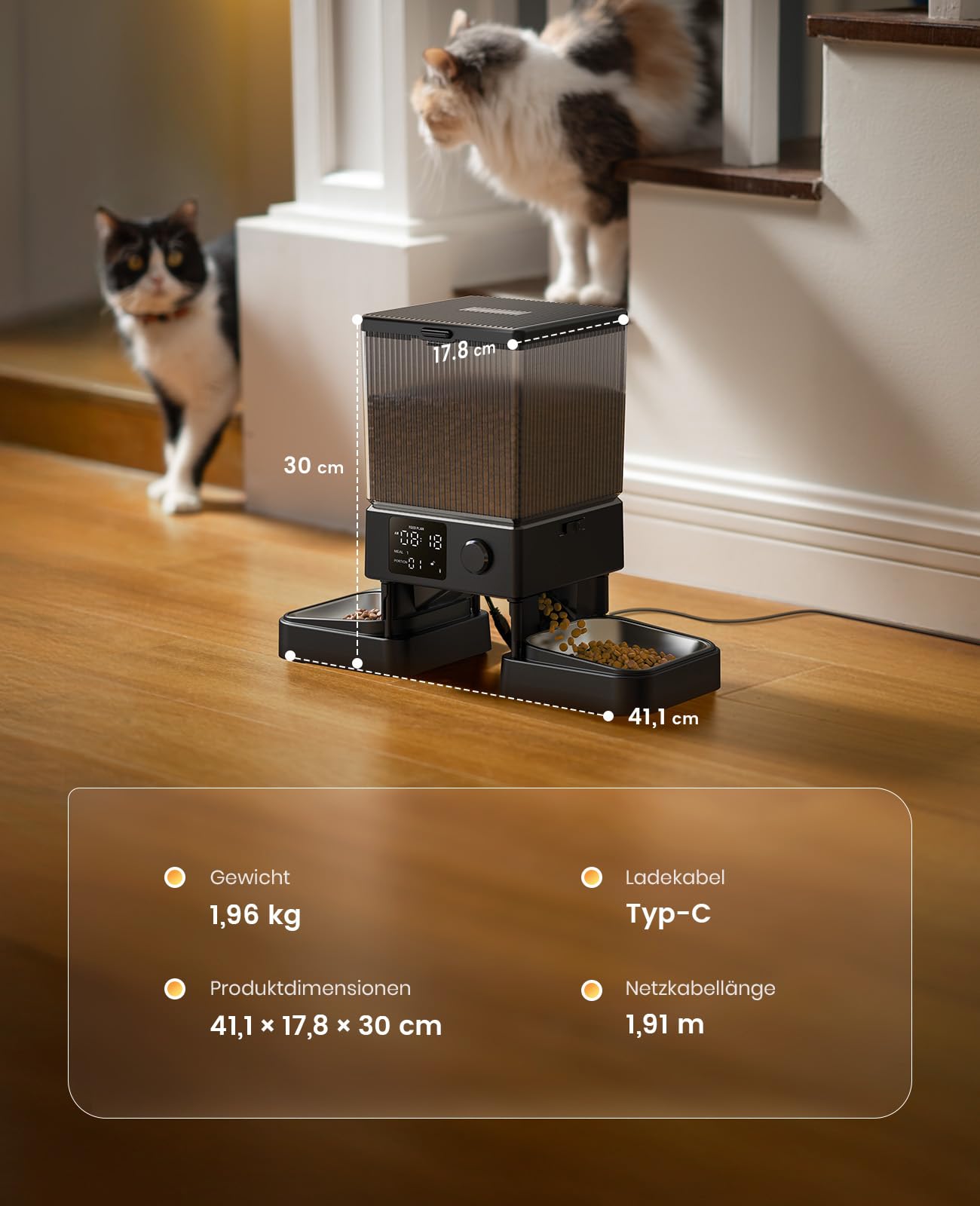 oneisall 5L Futterautomat Katze 2 Näpfe, Katzenfutter Automat mit Edelstahlschüssel, Voice Recorder