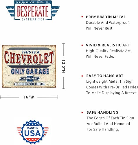 Miniatura 2 de Desperate Enterprises Chevrolet Only Garage - Letrero de hojalata de metal vintage nostálgico, fabricado en Estados Unidos