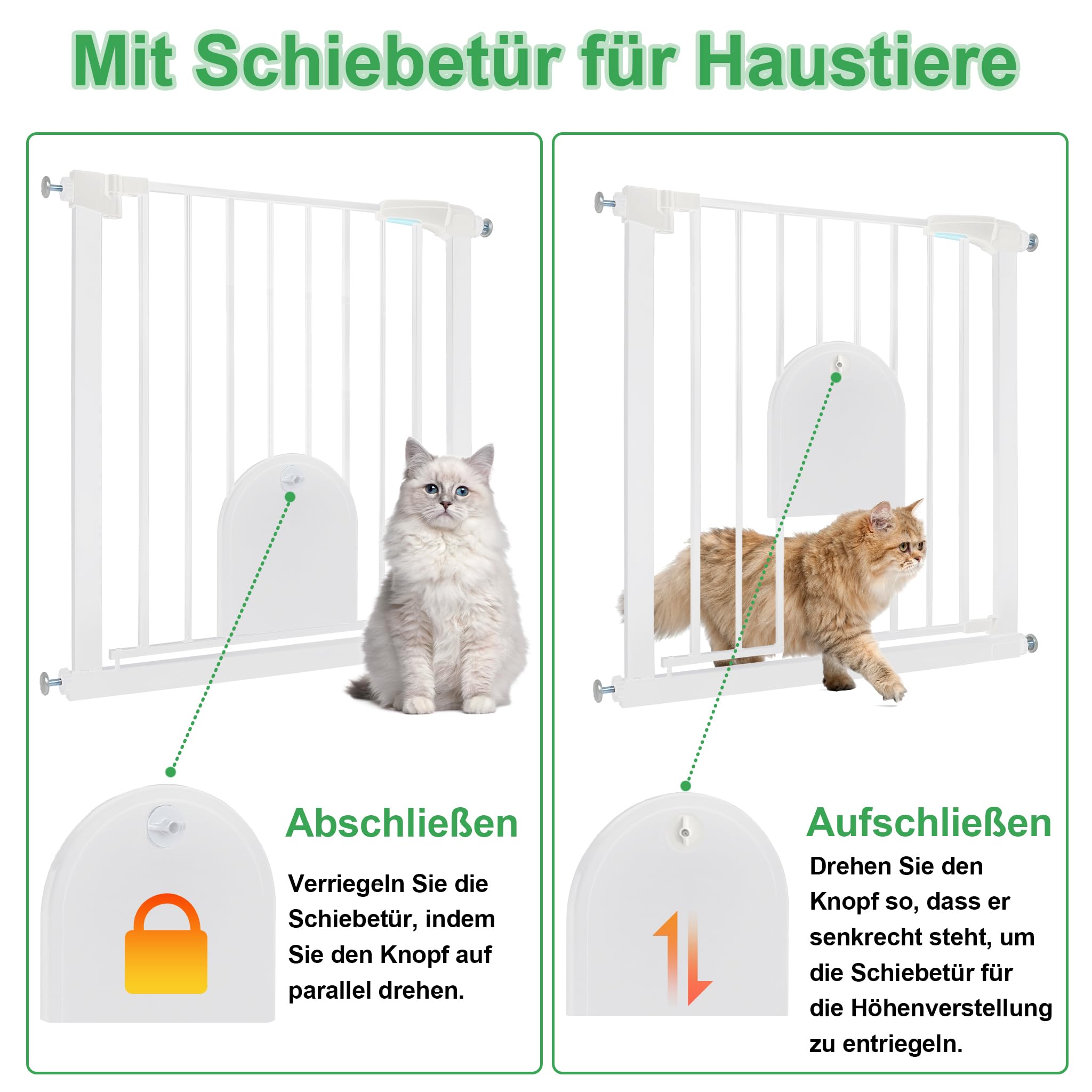 UISEBRT Treppenschutzgitter Türschutzgitter Ohne Bohren Treppengitter mit Katzentür Haustiertür, für Breiten 75-85 cm, Selbstschließend, Einhändiges Öffnen Metall Gitter, Weiß