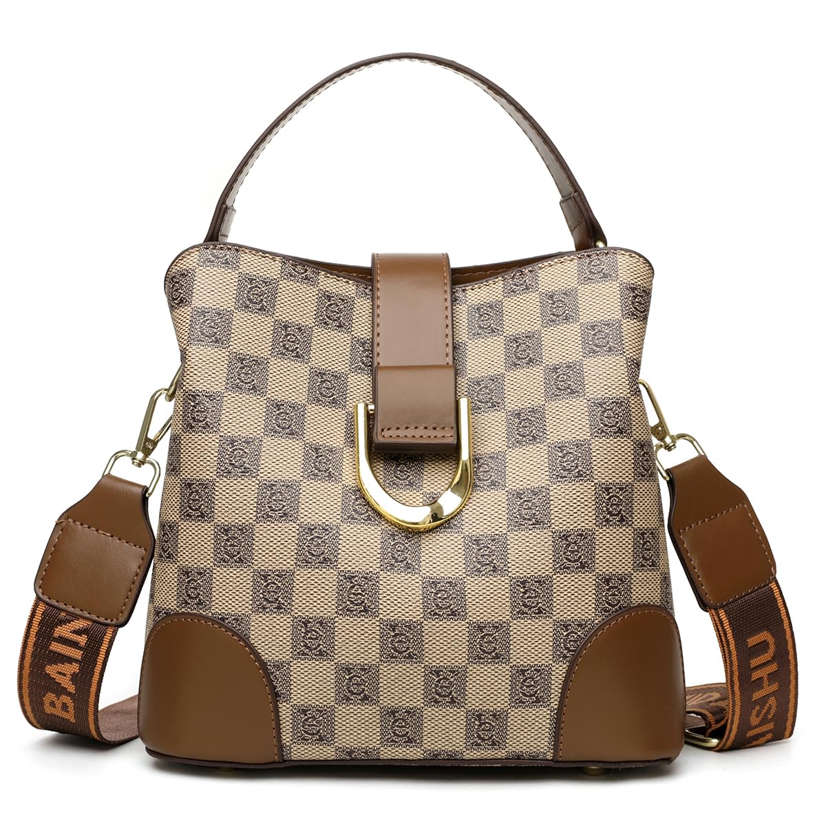 Checkered Bucket Handbag with Wide Shoulder Strap, Brown-image-36
