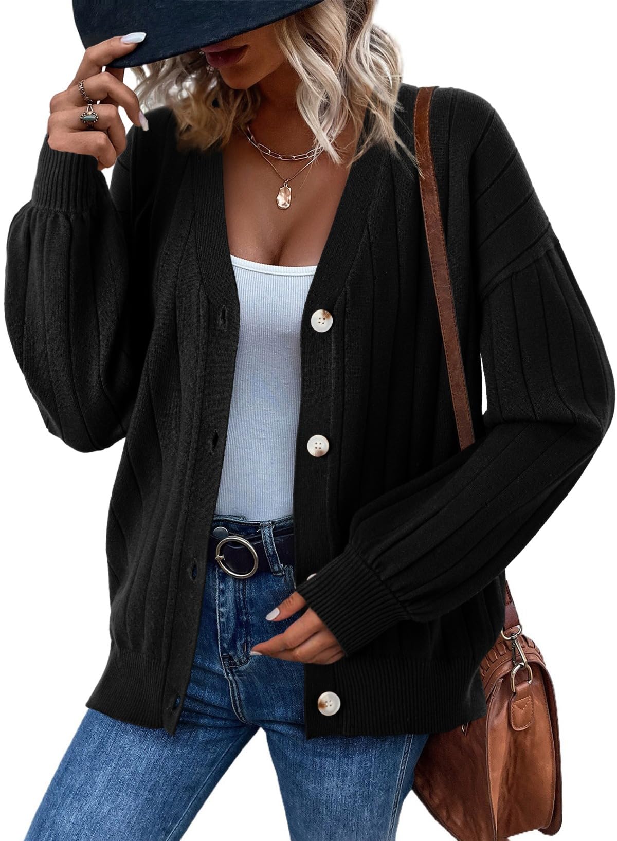 Dokotoo Womens Cardigan Sweaters 2025 Fall Casual Button Down Cuffed Long Sleeve Ribbed Knit Sweater Tops