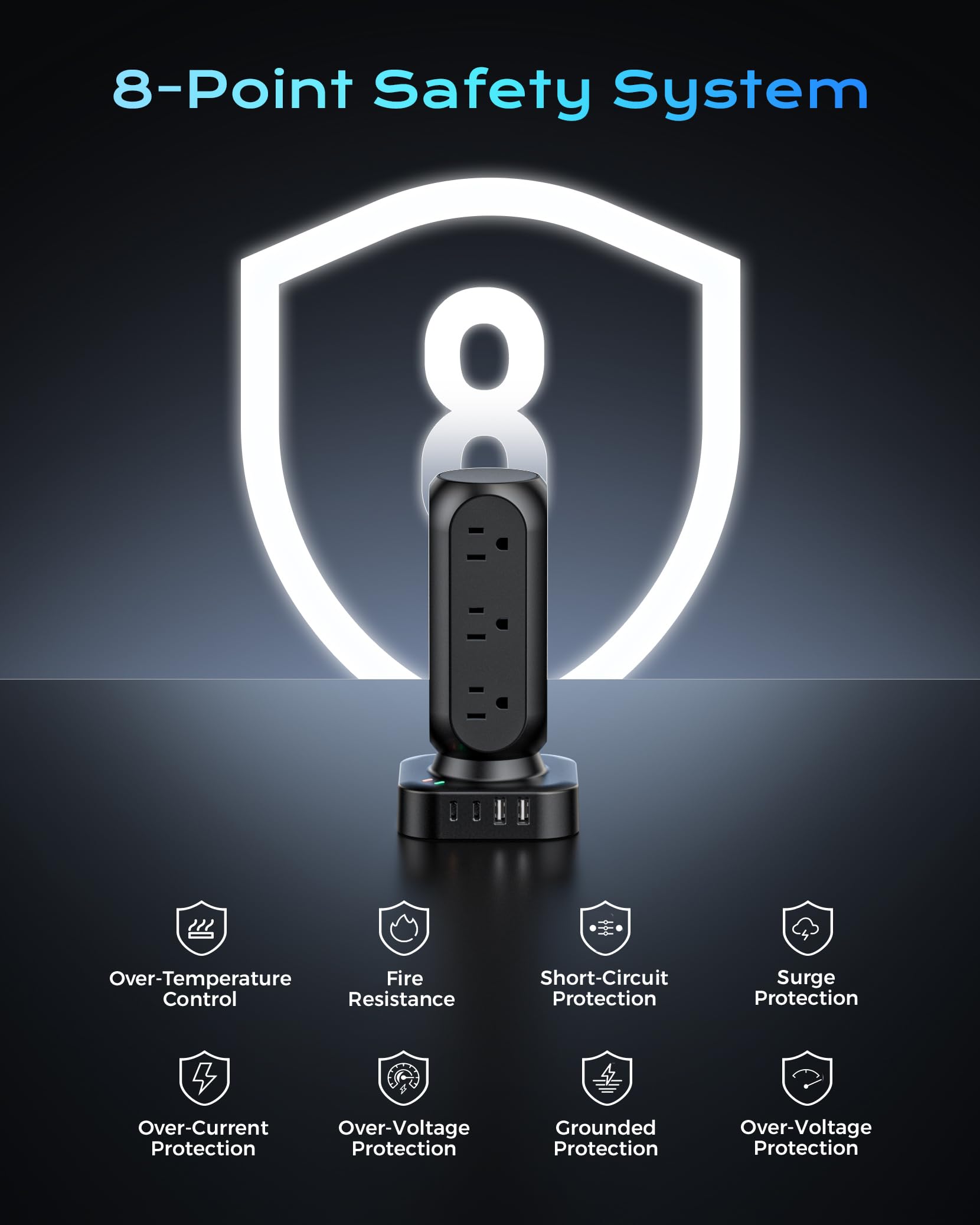 Protector de sobretensiones de torre, 12 salidas de CA y 8 puertos USB, cable de extensión de enchufe plano de 5 pies con múltiples tomas, extensor de salida de 24 W, protección contra sobrecarga para