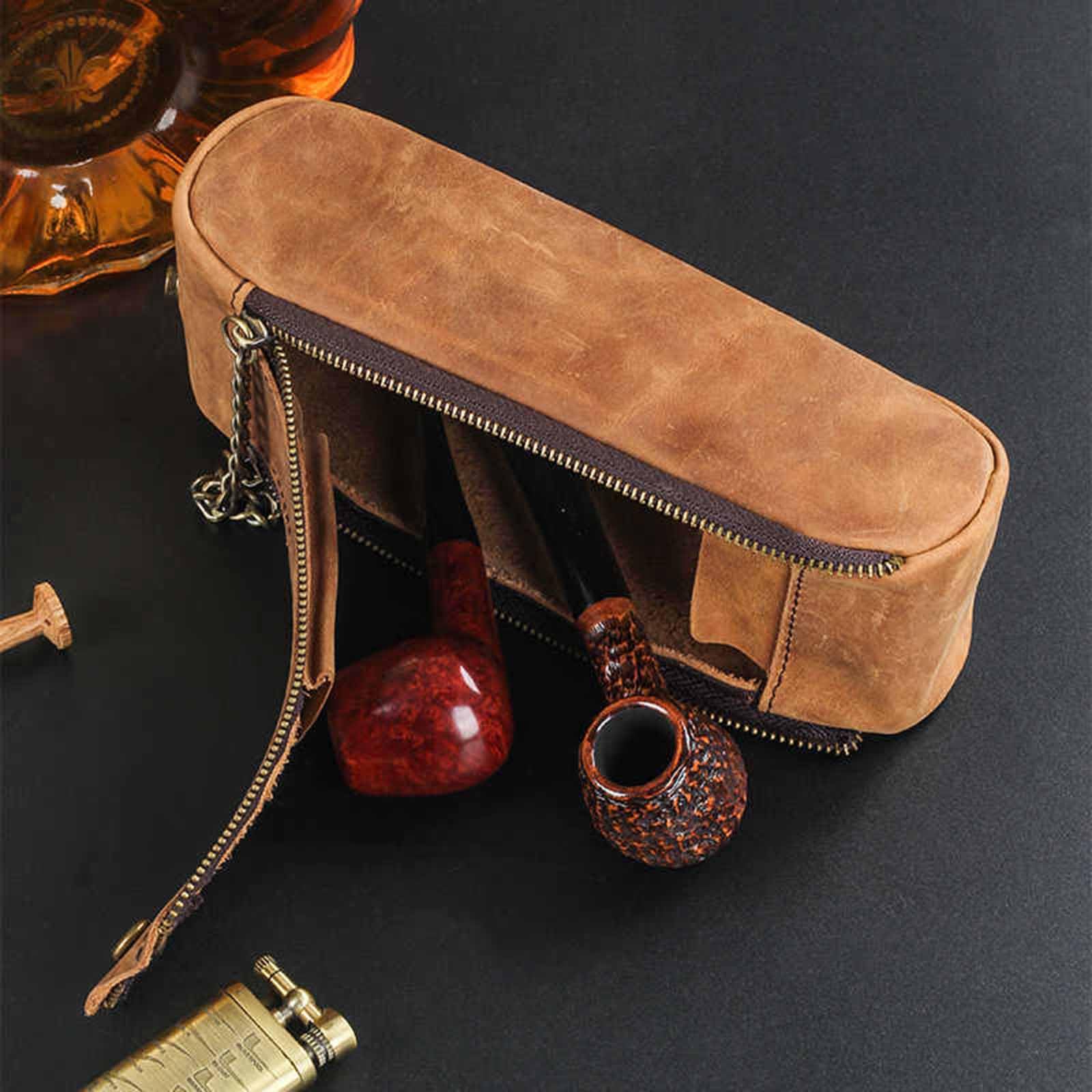 Rauchertasche aus echtem Leder, Aufbewahrungstasche for Pfeifenwerkzeug – große Kapazität, Doppel-Pfeifenledertasche ，Tabaktasche