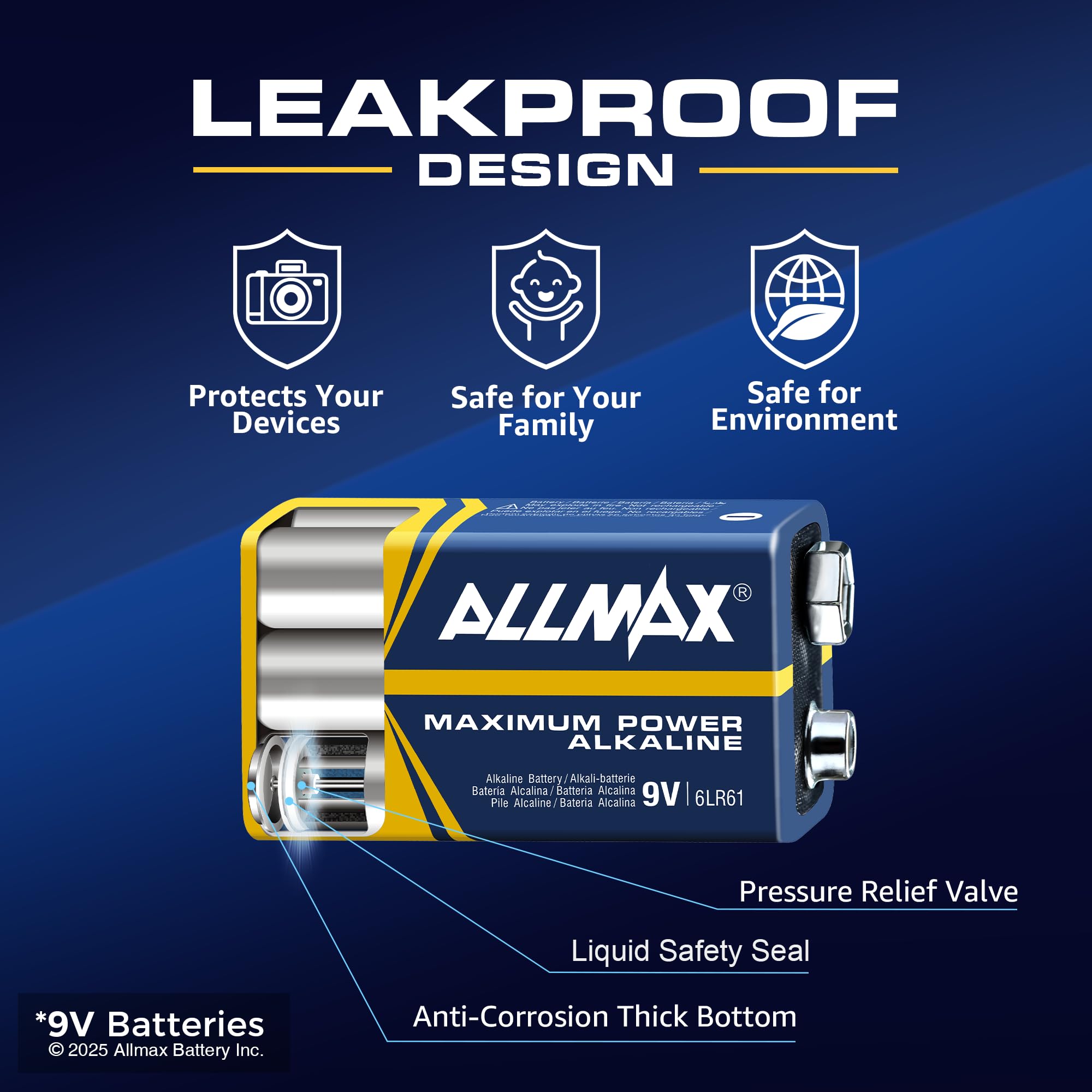 Piles alcalines Allmax à Puissance maximale de 9 V Block (6LR61) (48 pièces) – Durée de Vie Ultra Longue : 7 Ans, étanche, adaptée aux appareils – Idéale pour détecteurs de fumée et alarmes Incendie.