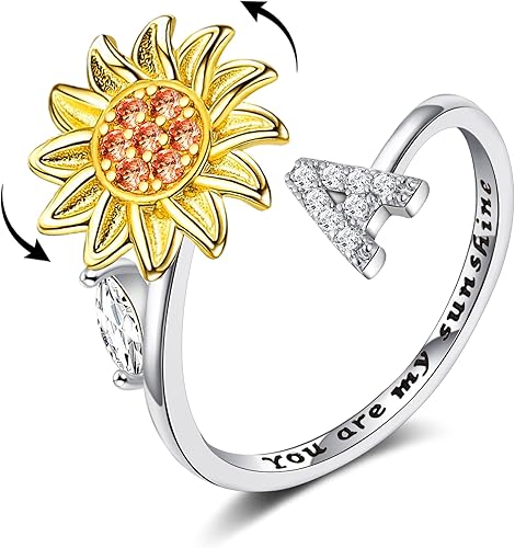 Anillos para la ansiedad para mujeres, con inicial de girasol, anillo giratorio abierto ajustable, anillos de circonita, anillo para aliviar el