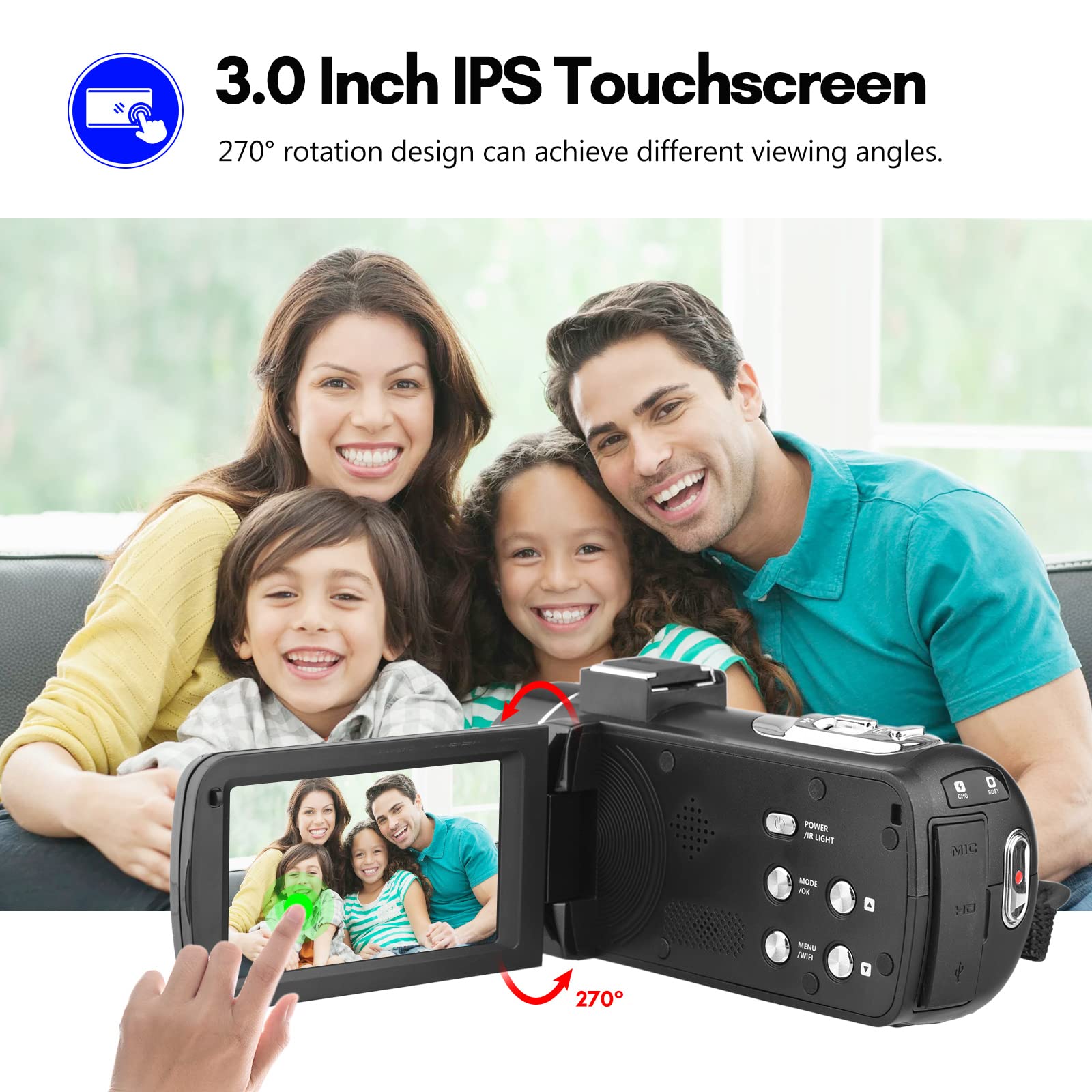 Caméra vidéo numérique 4K Caméscope WiFi Enregistreur DV 56MP Zoom numérique 18X Écran Tactile IPS 3,0 Pouces avec 2 Piles + télécommande + Sac de Transport