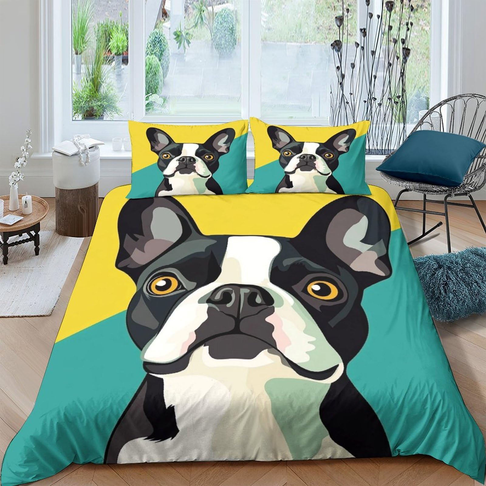 Ctjqhvkz Style-7 3D Printed Boston Terrier Art Fitted Sheet Microfiber Soft Blue Yellow Cartoon Dog Mattress Cover Bedroom Decor Single（135X200cm）