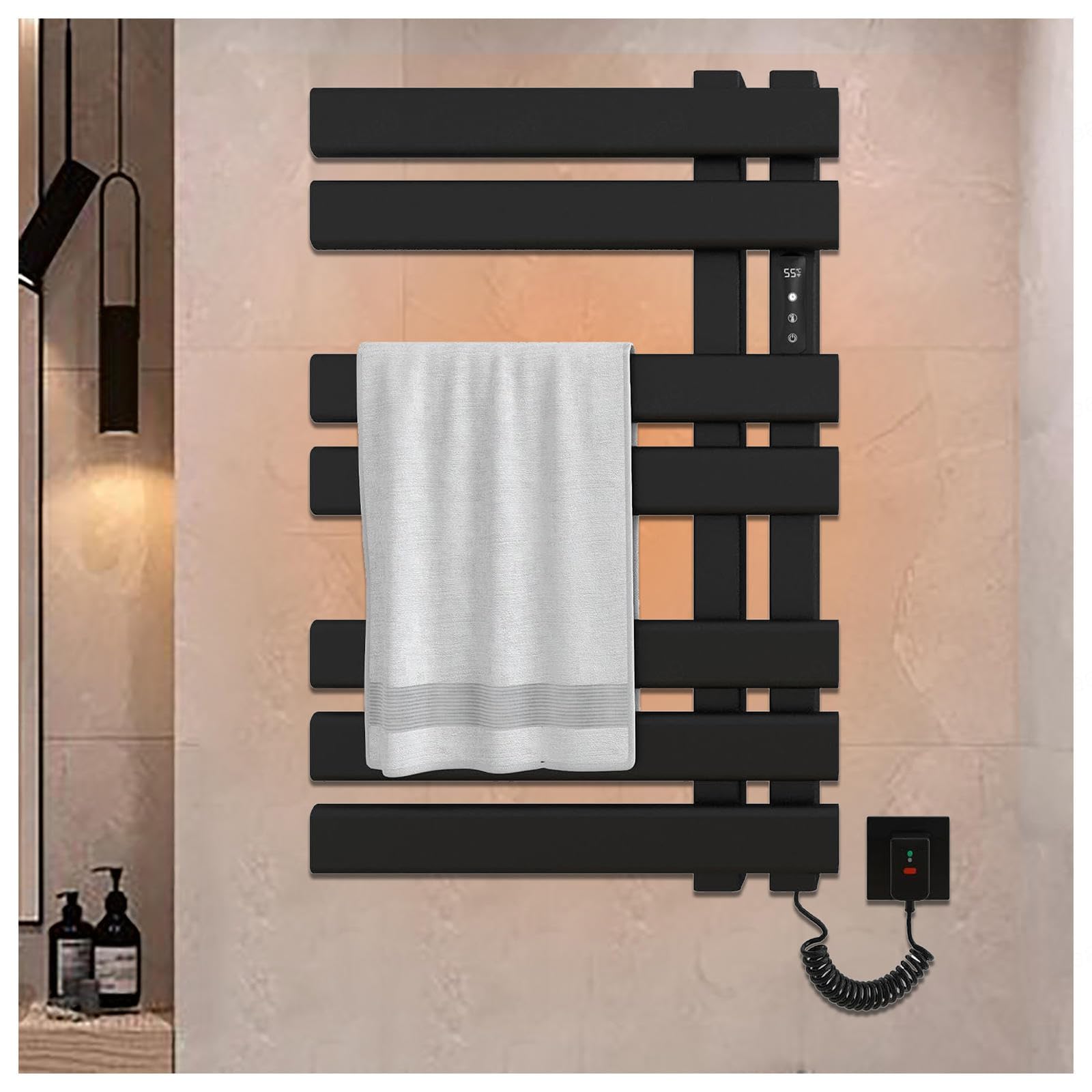 Scaldasalviette Elettrico, scaldasalviette Elettrico con Timer, Display LED, Controllo costante della Temperatura, scaldasalviette per Bagno, Montaggio a Parete, Spina/ca