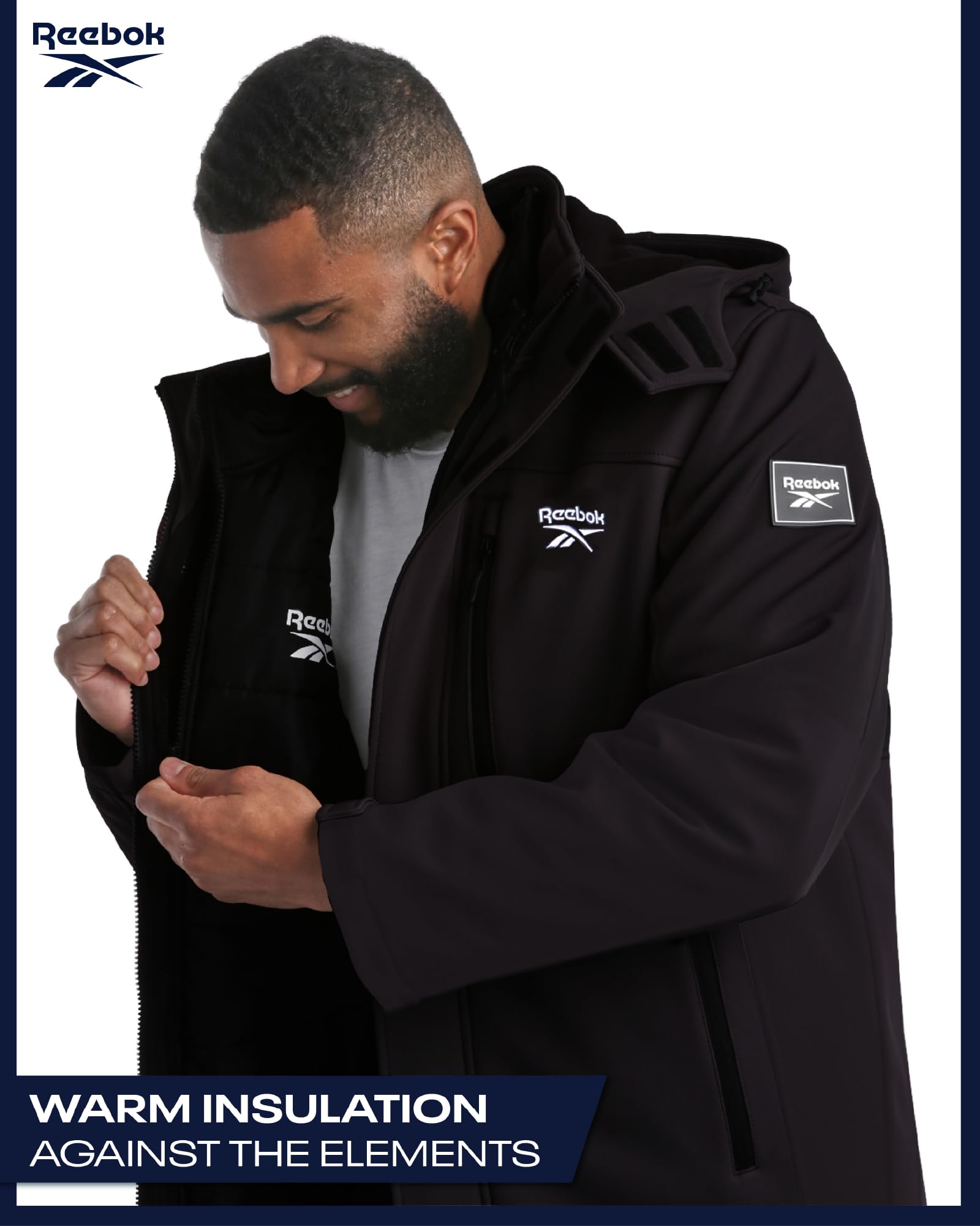 Reebok Giacca invernale da uomo in softshell, sistema 2 in 1, con cappuccio, giacca a vento in softshell, piumino rimovibile per uomo