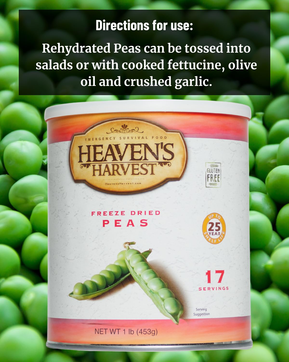 Heaven's Harvest Premium Freeze-Dried Canned Peas (25 Year Shelf Life). USA Made Canned Food Supply: Vegan, Gluten Free, Emergency Survival Food Supply (#10 Can, 17 Servings)