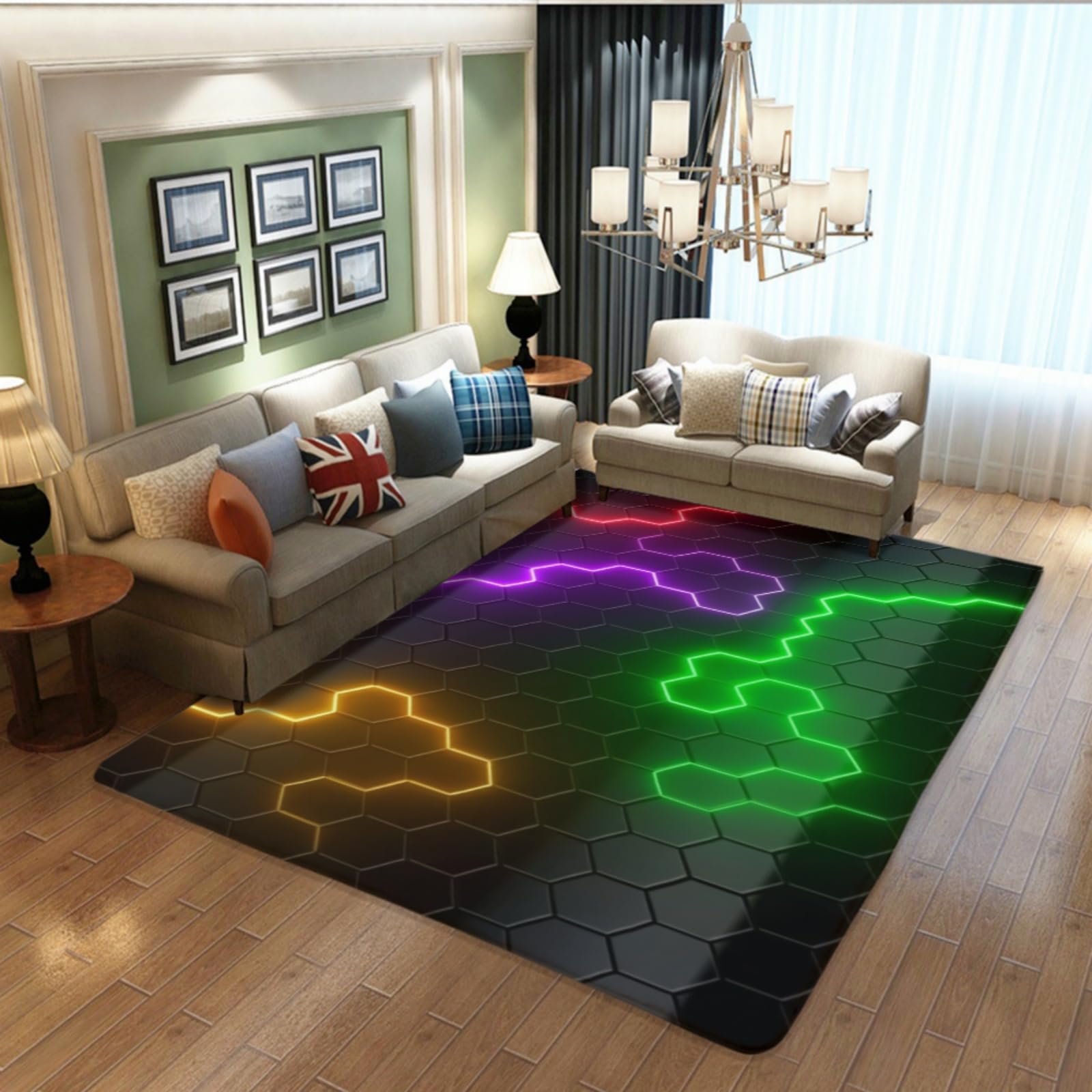 Tapis gamer pour chambre d'ado avec illusion 3D néon géométrique LED 160x200 cm