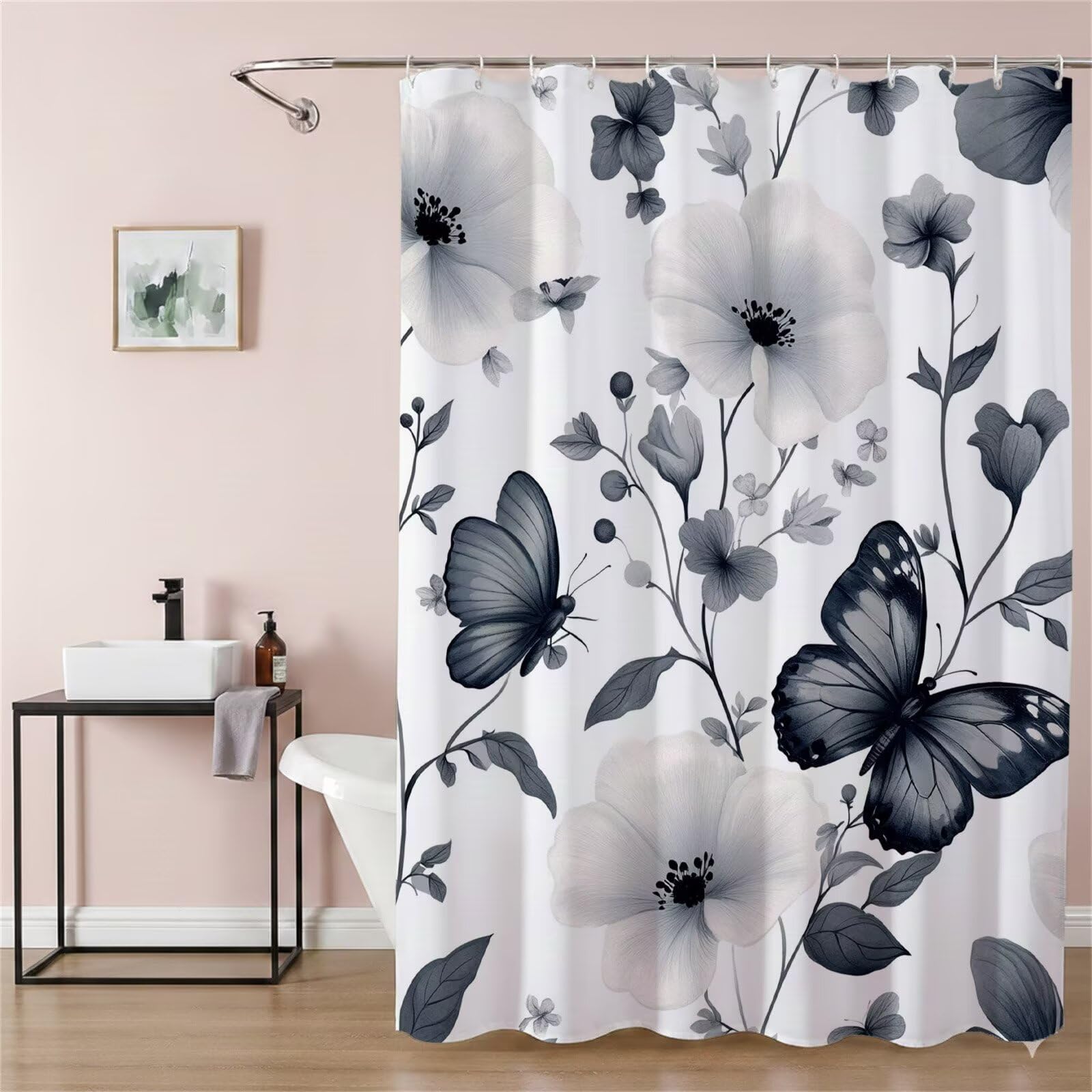 Rideau de douche étanche en tissu polyester gris motif papillon élégant