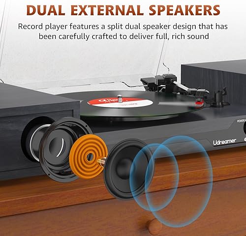 Miniatura 4 de Tocadiscos de vinilo con altavoces, tocadiscos portátil Bluetooth para discos de vinilo, reproductor de fonógrafo LP con 3 velocidades USB RCA en