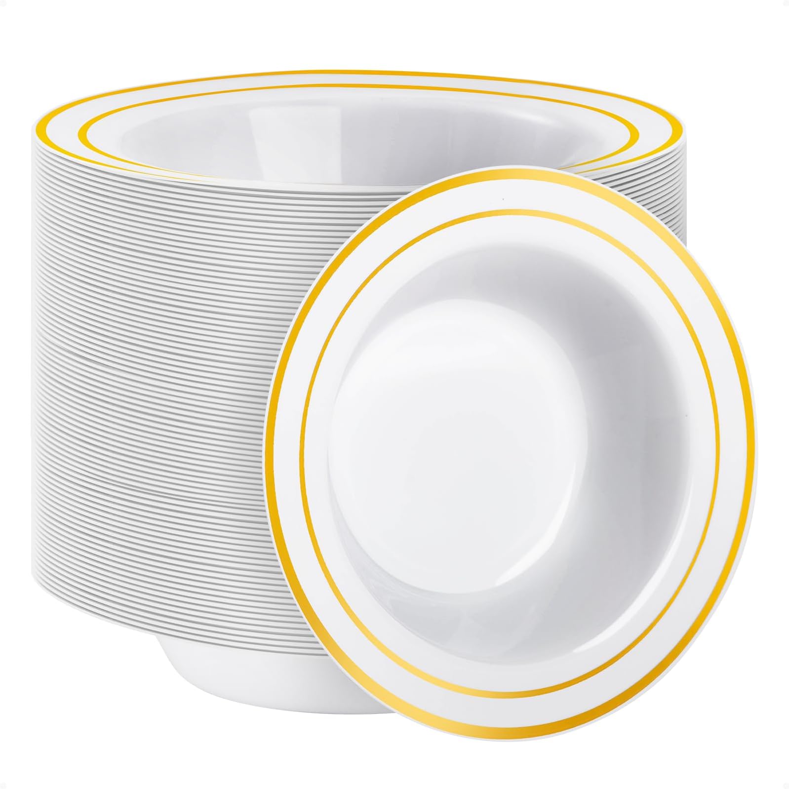 Goodluck 100 Pack Plastic Bowls with Gold Rim, 12oz Disposable Soup Bowls, Heavy Duty Dessert Bowls for Weddings, Parties, Dinners, Catering, Thanksgiving and Everyday Use