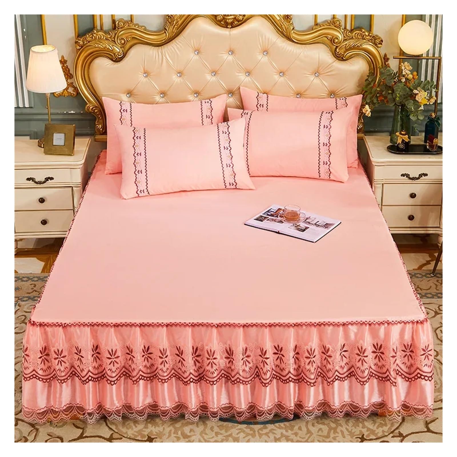 Lace Ruffled Bedroom Bed Skirt Non-slip Mattress Cover Bedspread King Size(Color 18,1PC 150x200cm)