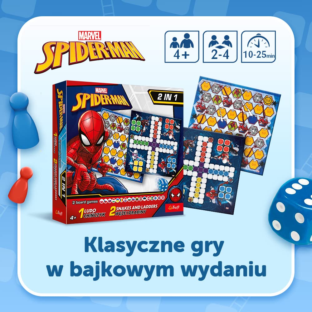 Trefl - Chińczyk, Węże i Drabiny: Spider-Man - Gra 2w1, Rodzinna Gra Planszowa z Superbohaterem Marvela, Dwustronna Plansza, Proste Zasady, Klasyczna Gra Dla Dorosłych i Dzieci od 4 lat