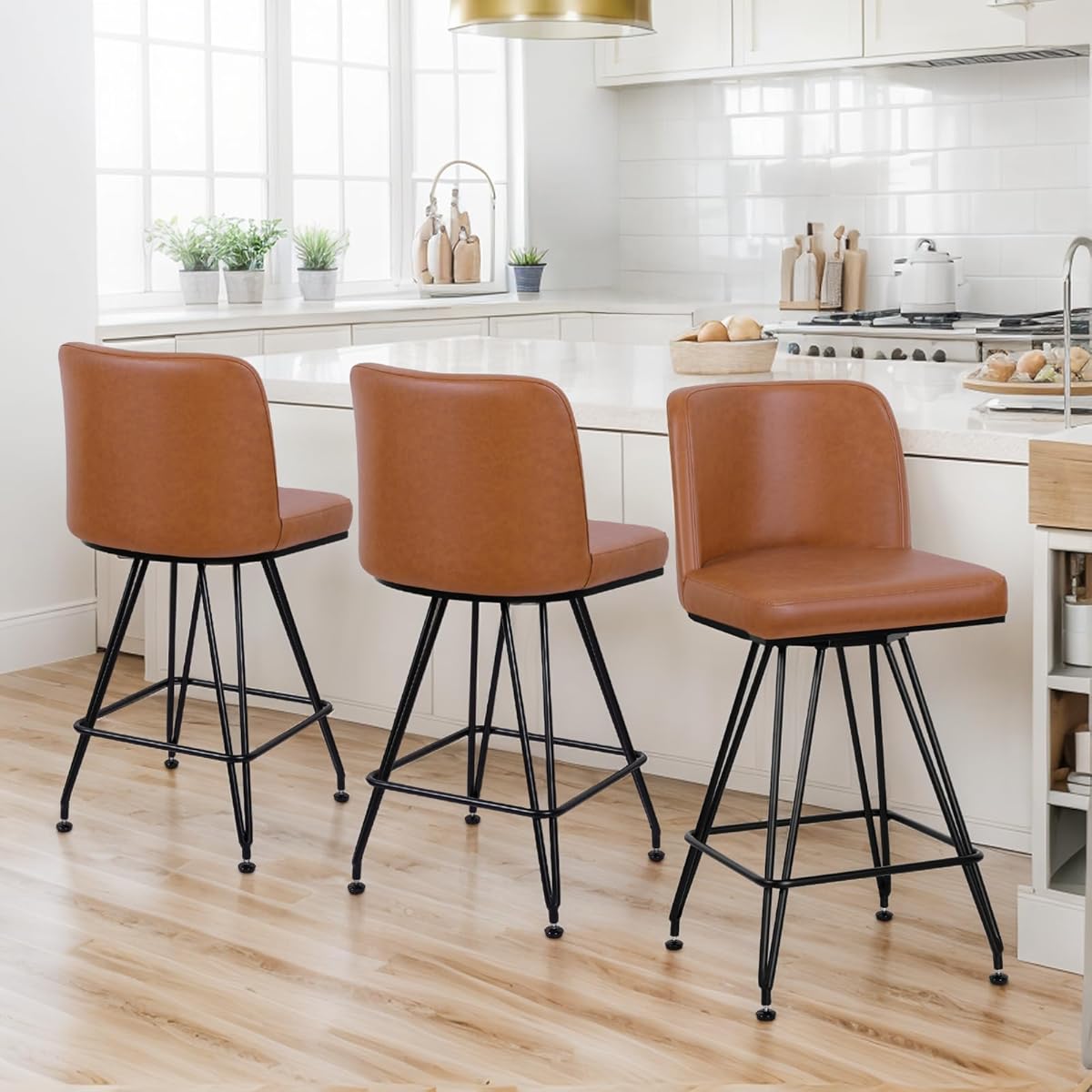 Swivel Bar Stools Set of 3, 26 Inch Counter Height Barstools, Faux Leather Bar Stool with Backs and Solid Metal Legs, Industrial Heavy Duty Counter Stools for Kitchen Island, Pub, Brown