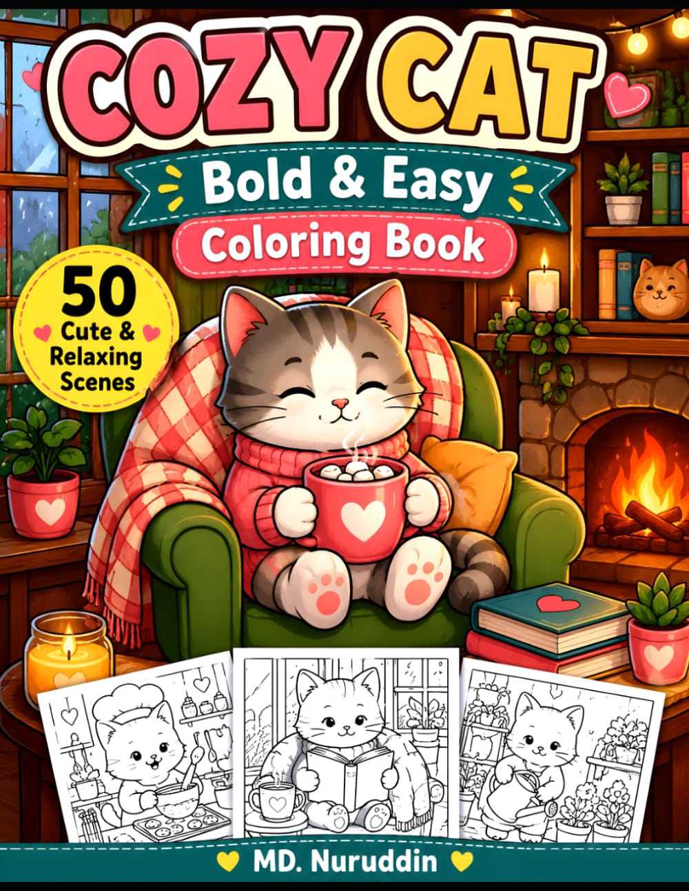 Cozy Cat Coloring Book: Bold and Easy Stress Relief Coloring Pages Featuring Cute Cats in Cozy Everyday Scenes for Adults, Teens and Seniors