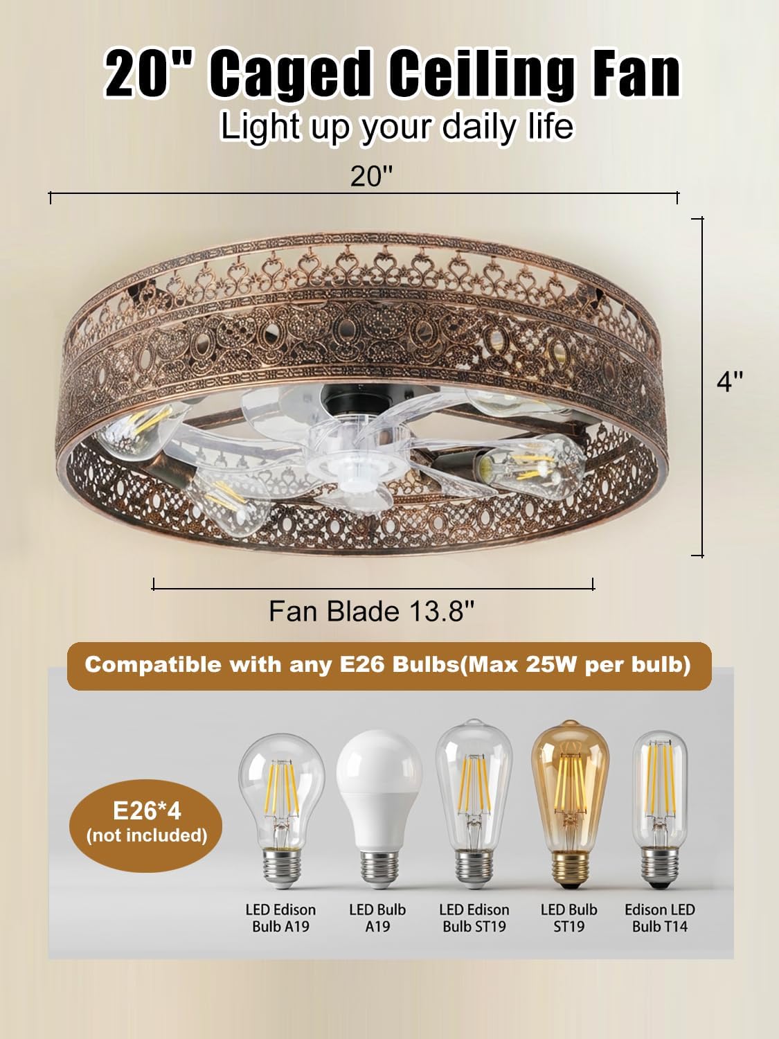 Caged Fandelier Ceiling Fan with Lights - 20 Inch Vintage Rustic Decorative Art Flush Mount Fans 6 Wind Speeds for Bedroom,Kitchen,Living Room,Dining Room (Black Gold, 20 Inch)