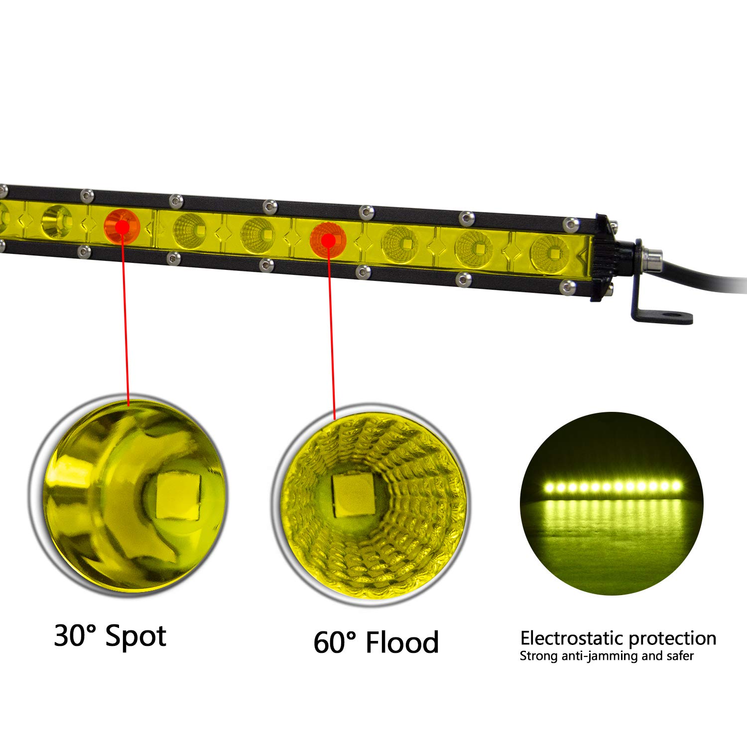 Willpower Listwa świetlna LED, 180 W, jednorzędowa, ultracienka punktowa wiązka powodziowa 12 V, światła LED, żółty bursztyn, światło robocze LED, Offroad przeciwmgielne światła do samochodów ciężarowych, traktorów, 4 x 4, ATV, UTV, SUV, łodzi, morskiej