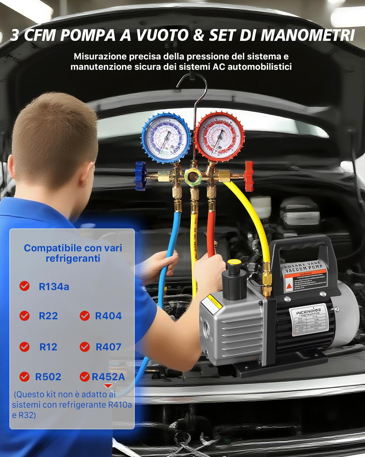 Kit Pompa a Vuoto per Condizionatori 3 CFM 1/4 HP con Manometro Compatibile con R12 R22 R502 R134A R404 R407 R452A Kit Pompa a Vuoto per HVAC Auto, Lavorazione Alimentare e Refrigerazione Commerciale