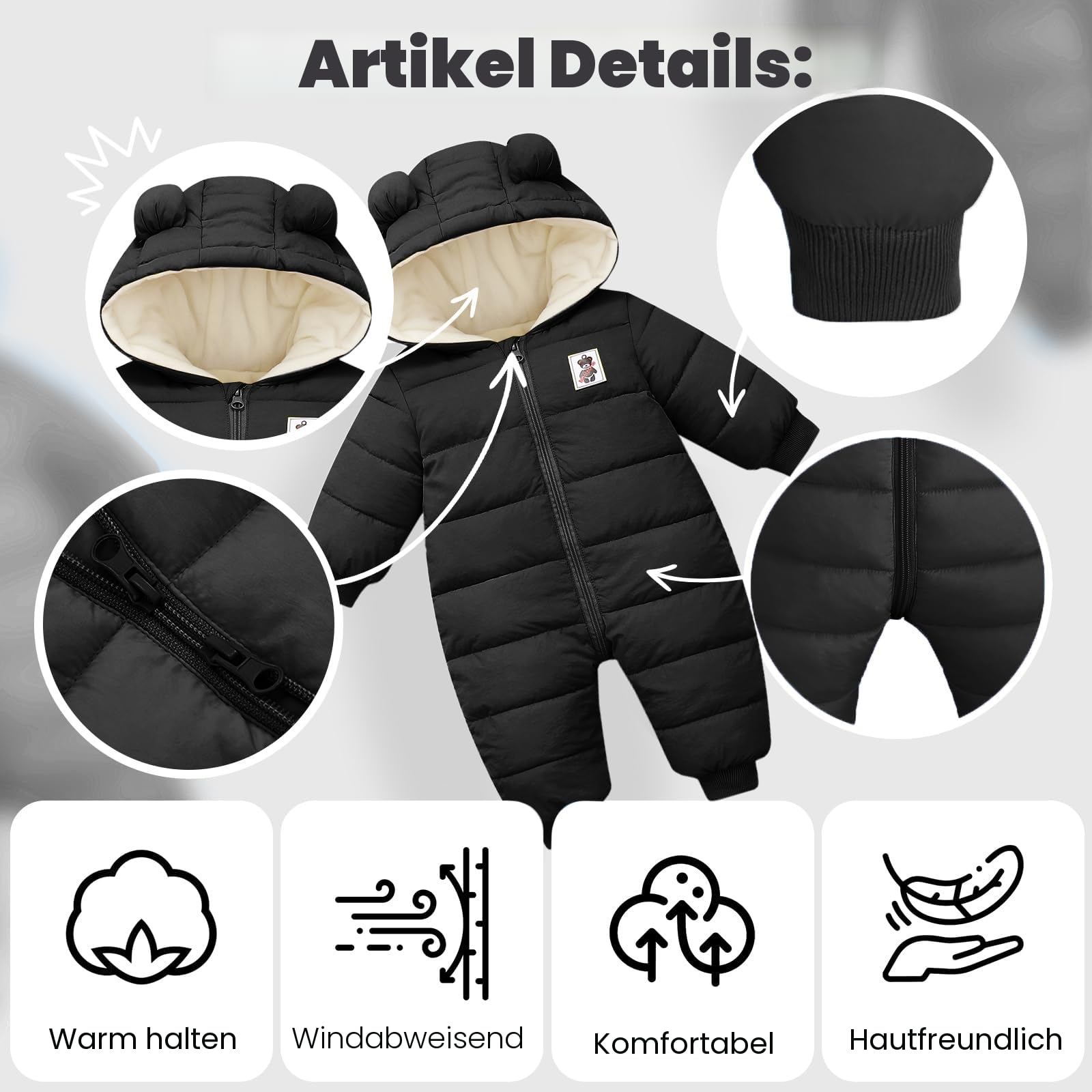 Baby Winter Overall mit Kapuze, Strampler Schneeanzug Jungen Mädchen Langarm Jumpsuit Warm Outfits Geschenk 0-12 Monate