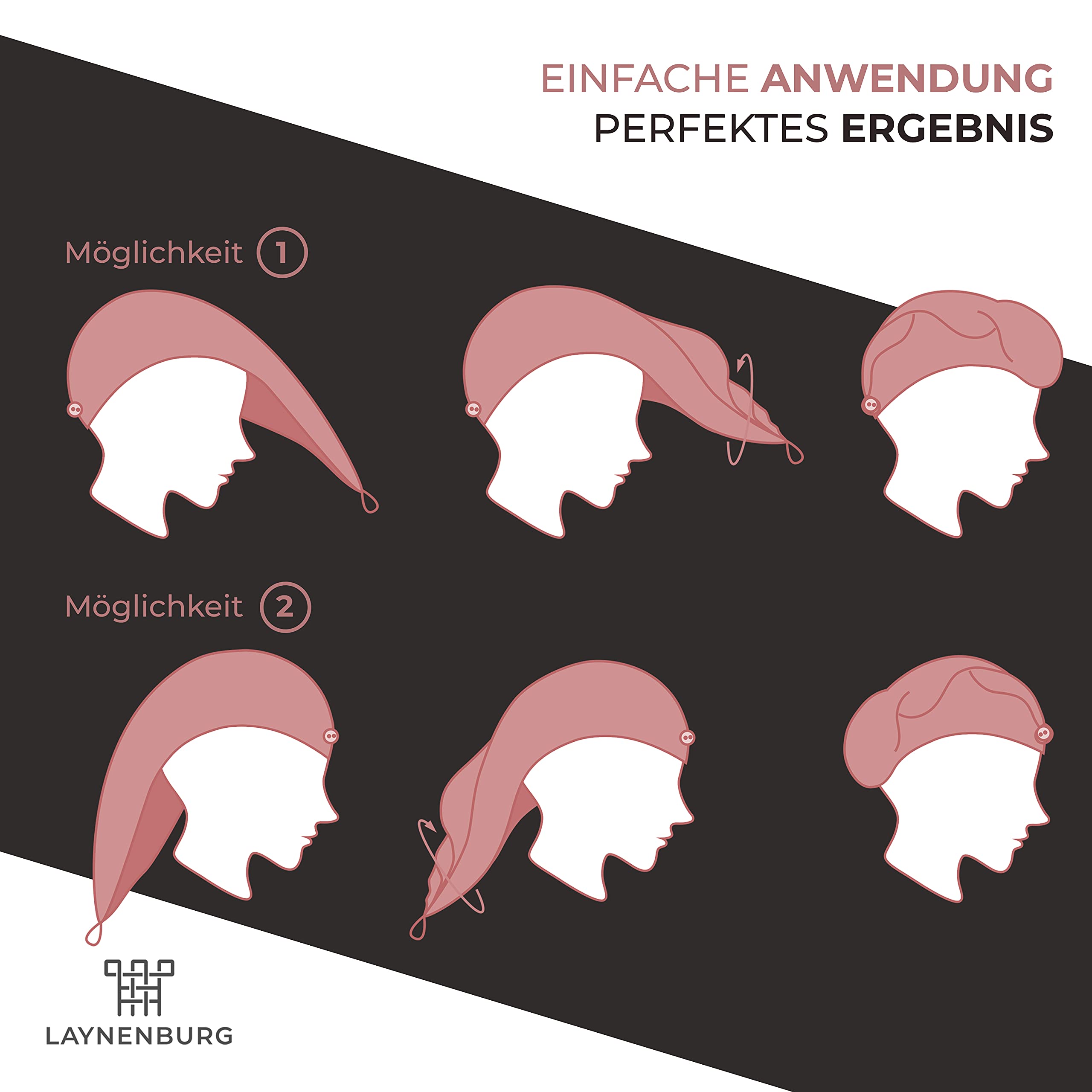 LAYNENBURG Asciugamano Turbante Deluxe con Bottone per Capelli Corti e Lunghi - Spugna di Cotone - 4 Lacci per Capelli Gratis - Asciugatura Rapida e asciugacapelli Super Assorbente (Fucsia)
