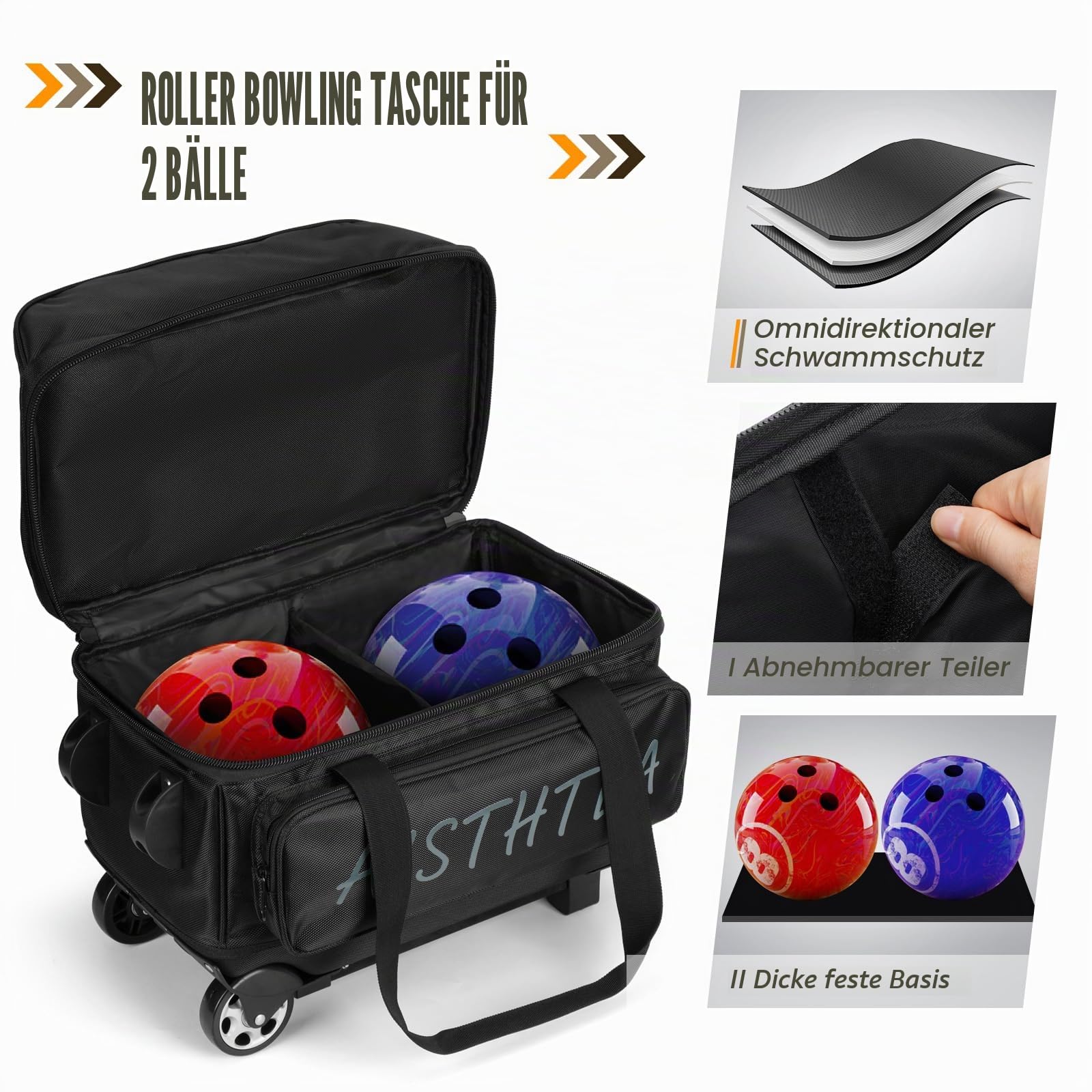 Aisthtea 2-3 Ball Bowling Bag with Wheels, Rolling Trolley Bowling Bags with Large Separate Shoe Compartment and Oversized Accessory Pocket