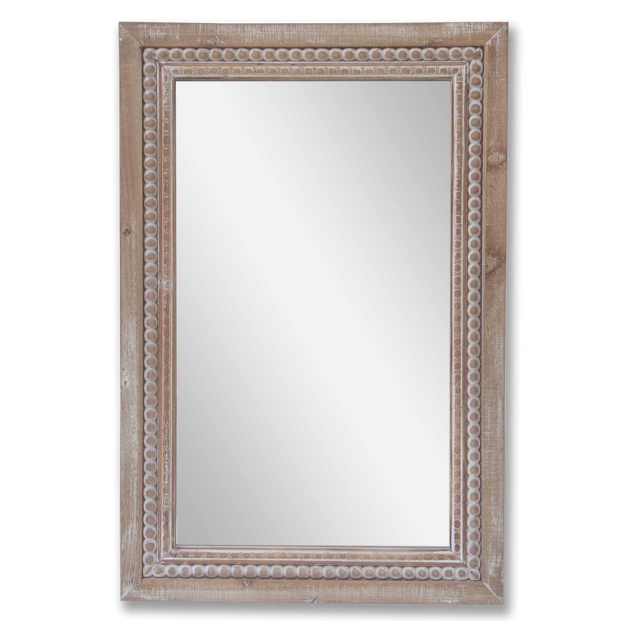 CreativeWise 38" Tall Wood Bead Accent Rectangle Wall Mirror, Decorative Wall Mirror, Farmhouse Rustic Mirror with Natural Wood Frame with Whitewashed Detail for a Bathroom, Entry, Living Room