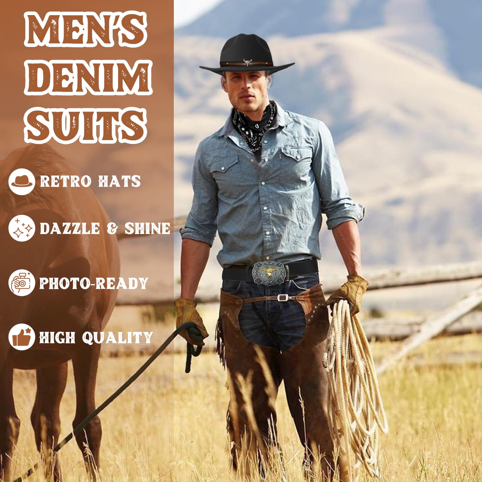 8 Stück Cowboy Kostüm Zubehör Set, Deluxe Western Cowboy Outfit Kit mit Brauner Hut Paisley Bandana Holster Gürtel Boloschnalle Krawatte Halskette Sheriff Abzeichen für Herren Cosplay Party