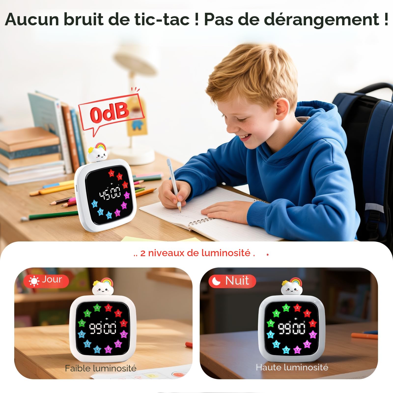 Yunbaoit Minuteur Visuel, Compte à Rebours Silencieux Rechargeable de 99 Minutes, 9 Couleurs D'affichage Optionnelles, Outil de Gestion du Temps pour Les Enfants et Les Adultes (Arc-en-Ciel)
