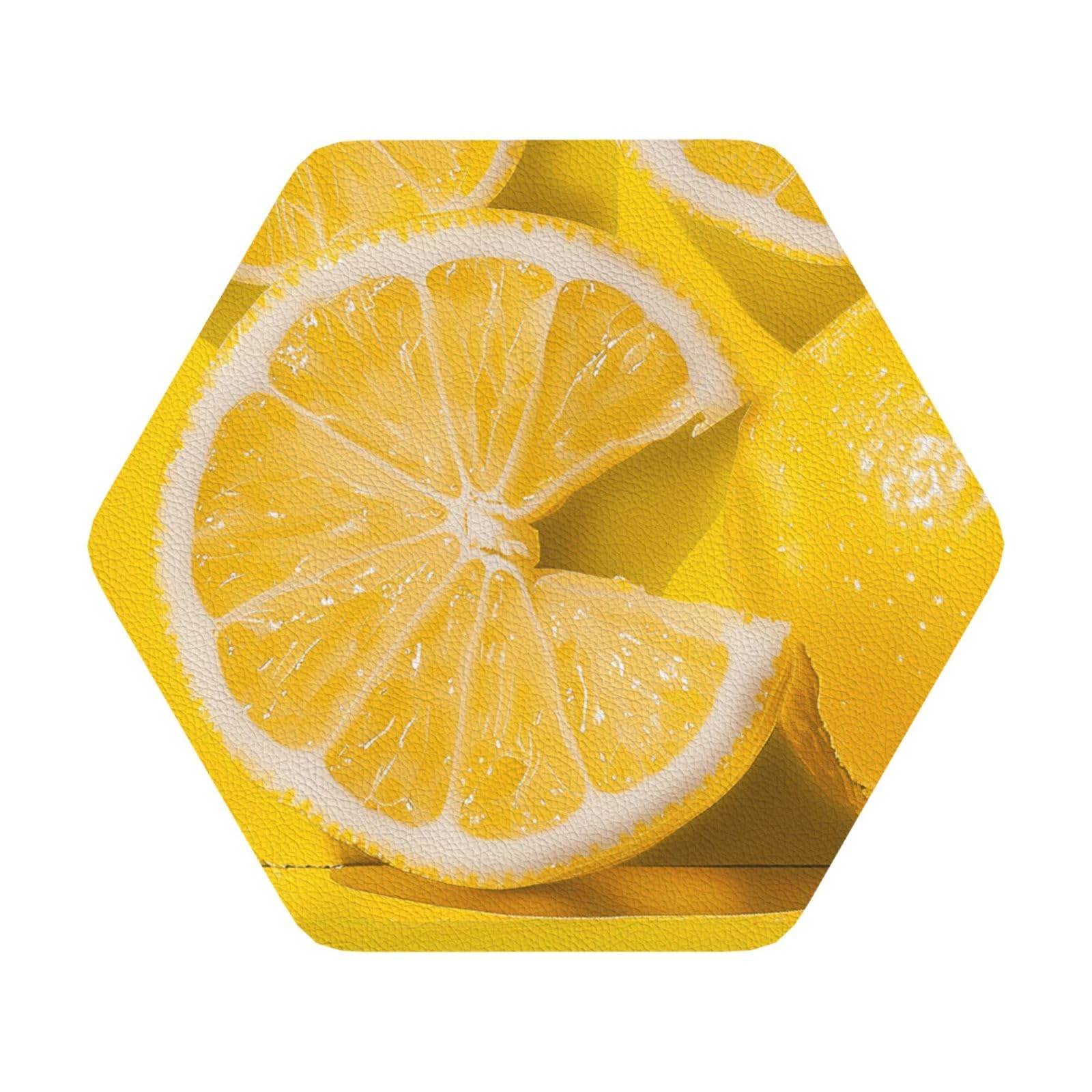 Yellow Lemon Print Leather Coaster Set of 6, Hexagon Coasters Table Decorative Coffee Cup Beverage Coasters Wine Beer Bar Coasters for Hot Drinks Table Protection