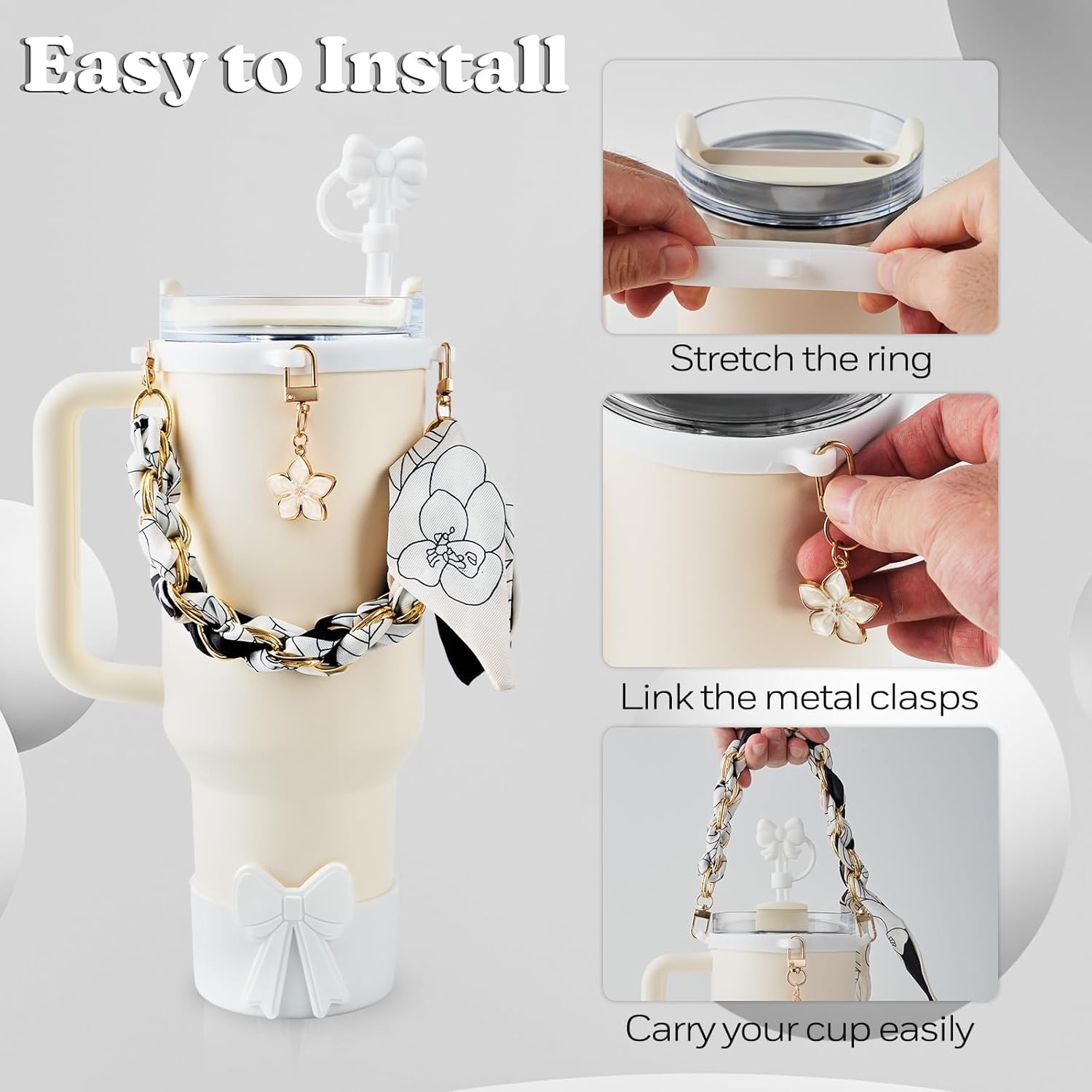 OFFCURVE 5PCS Butterfly Cup Accessories for Stanley Owala, Water Bottle Handle Strap for Stanley 30/40 oz, Including Straw Toppers, Silicone Cup Boot, Keychain Charms, Cup Decoration for Women Girls - Image 2