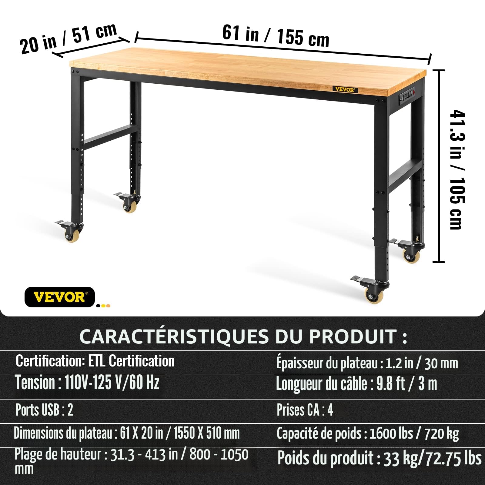 VEVOR Établi Garage Atelier Table de Travail 155x51x105 cm Hauteur Réglable 80-105 cm, Plateau en Bois Chêne Cadre en Acier, Multifonctionnel avec 4 roulettes pour Réparation Bricolage