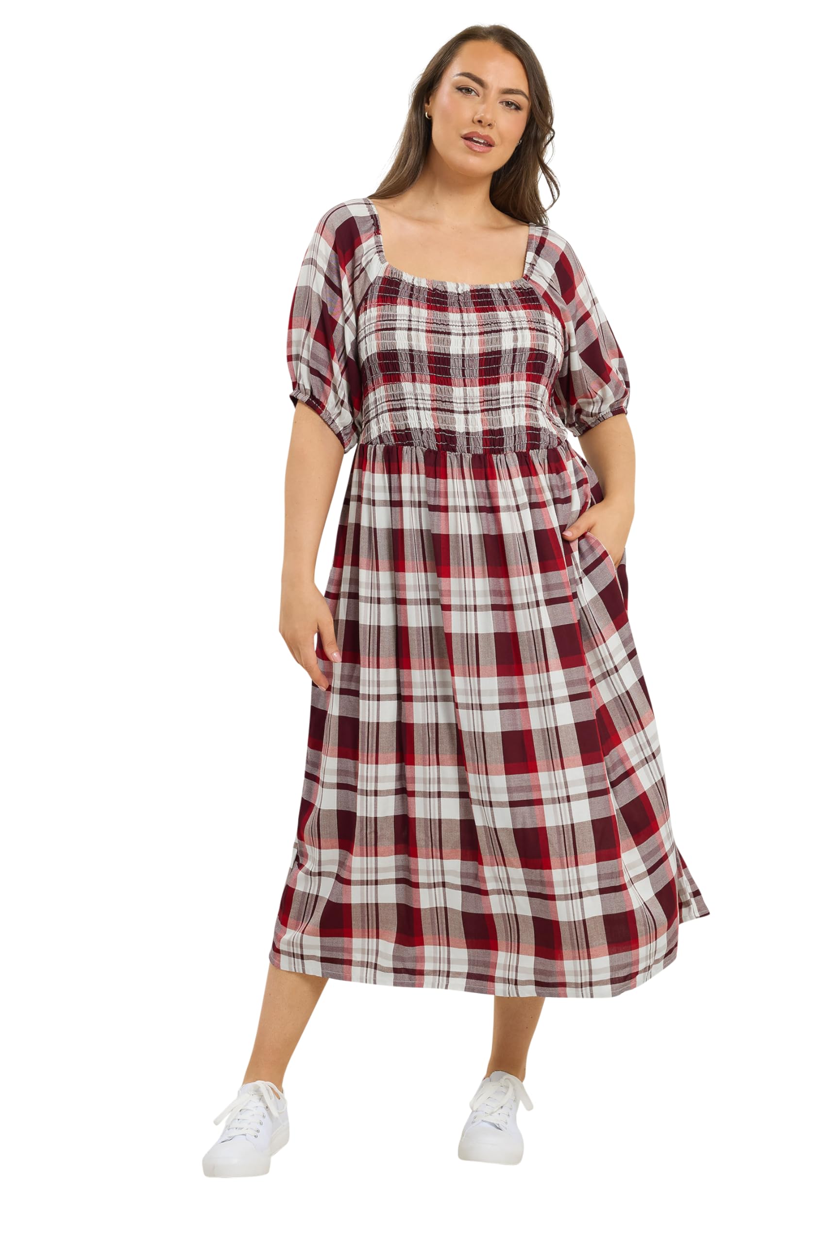 Yours Women's Maxi Dress Check Shirred Short Sleeve Square Neck Size 26-28
