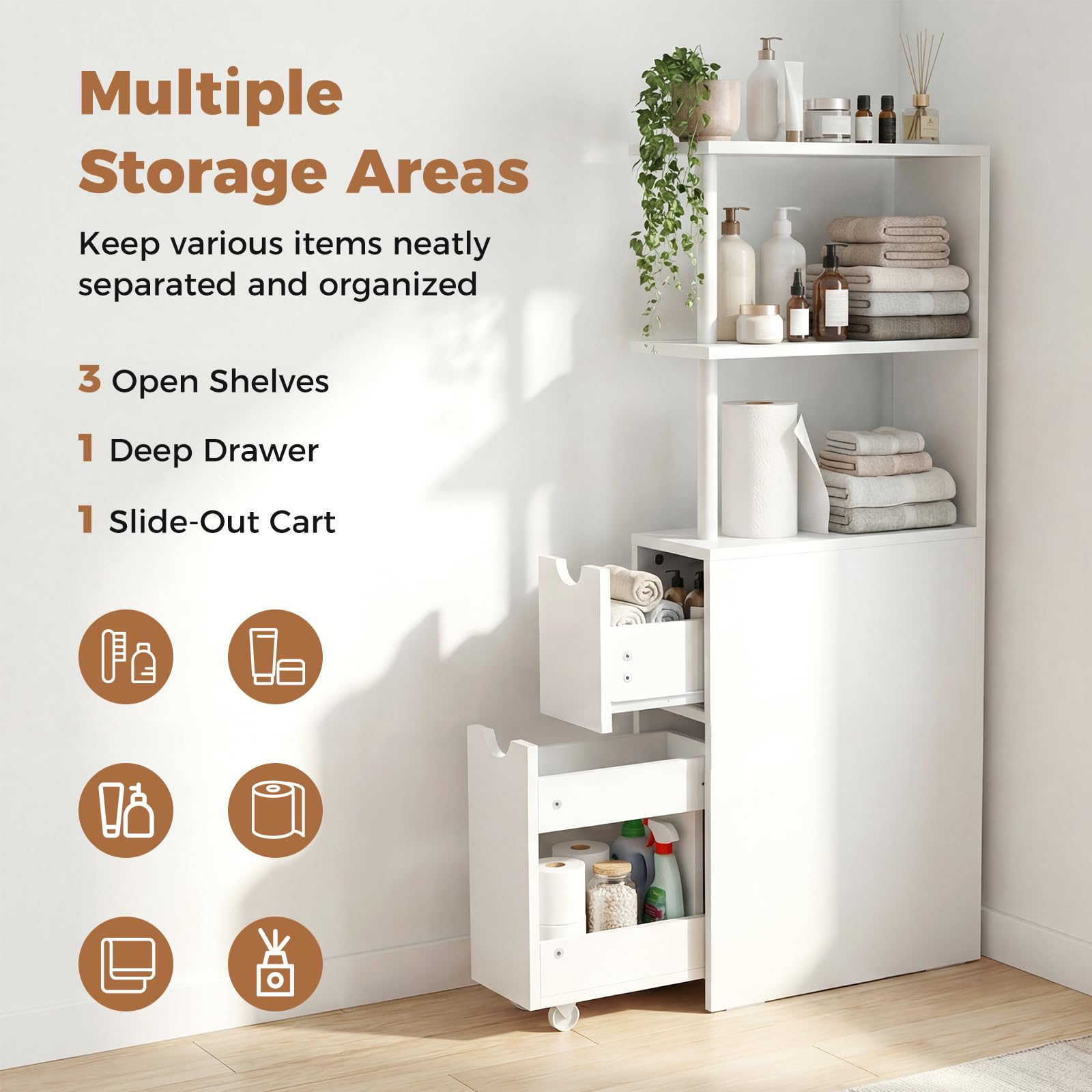 LIFEZEAL Meuble de Salle de Bain Étroit, Armoire de Rangement Haute avec Étagères Ouvertes et Tiroir sur roulettes, Meuble Colonne Autoportant pour Salon et Cuisine, Blanc, 45 × 20 × 114 CM