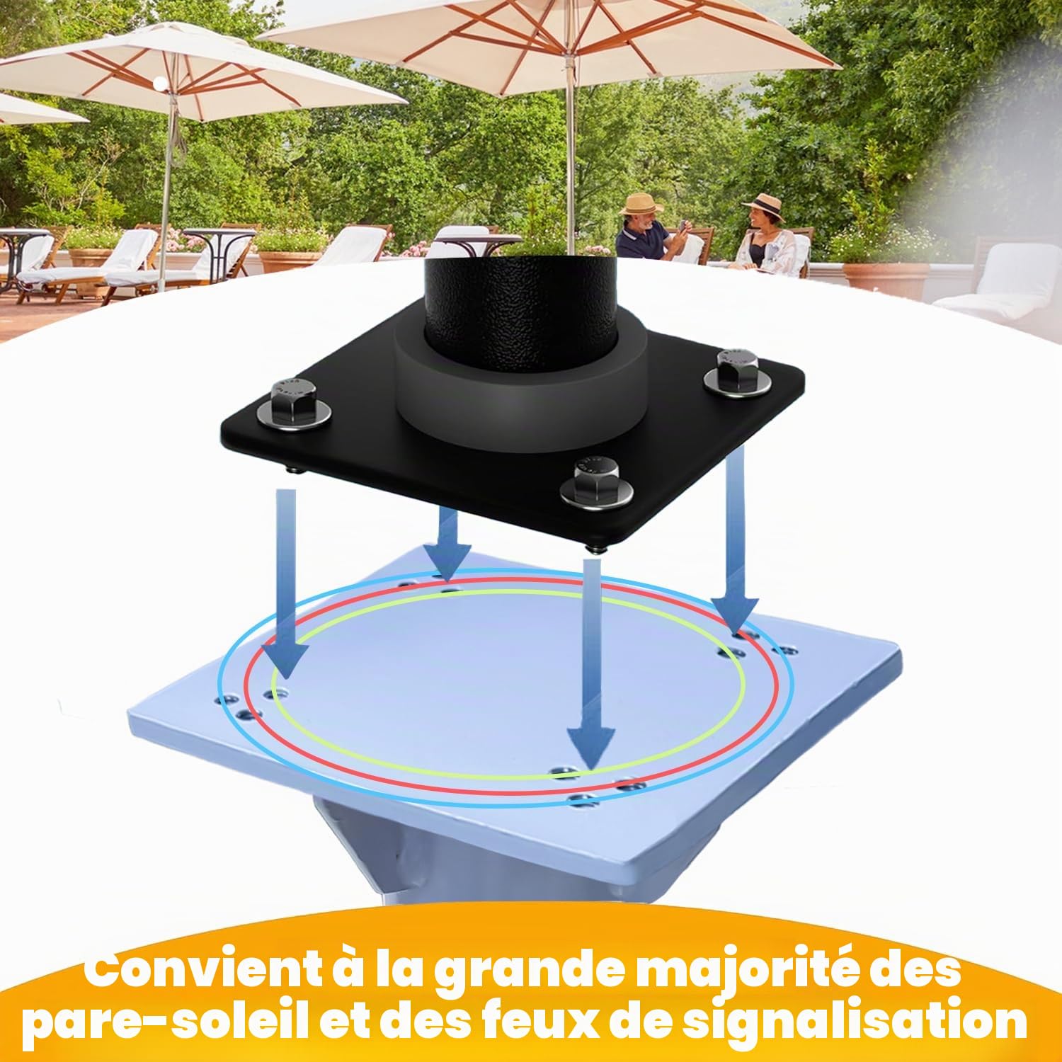 Douille de sol pour parasol - Plaque de base universelle pour parasol déporté - Ancrage au sol en métal avec plaque de base à sceller dans le béton - Stable et solide - Résistance au vent
