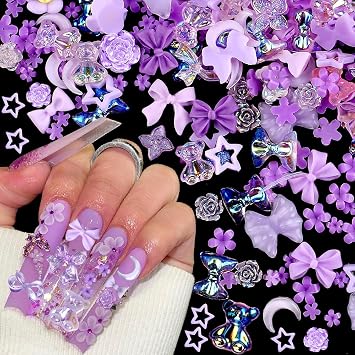 100 Pcs Purple Resin Kawaii Mixed Shape Nail Charms,Cute Bow Flower Bear Heart Nail Design Charms for Nails 3D Bowknot Camellia Moon Nail Charm for Women Nail Art Supplies Nail Accessories Nail Art
