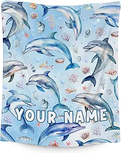 Custom Dolphin Blanket with Name for Kids, Cute Soft Gifts for Ocean Lovers, Cozy Flannel Throw for Couch Sofa, 30"x40"