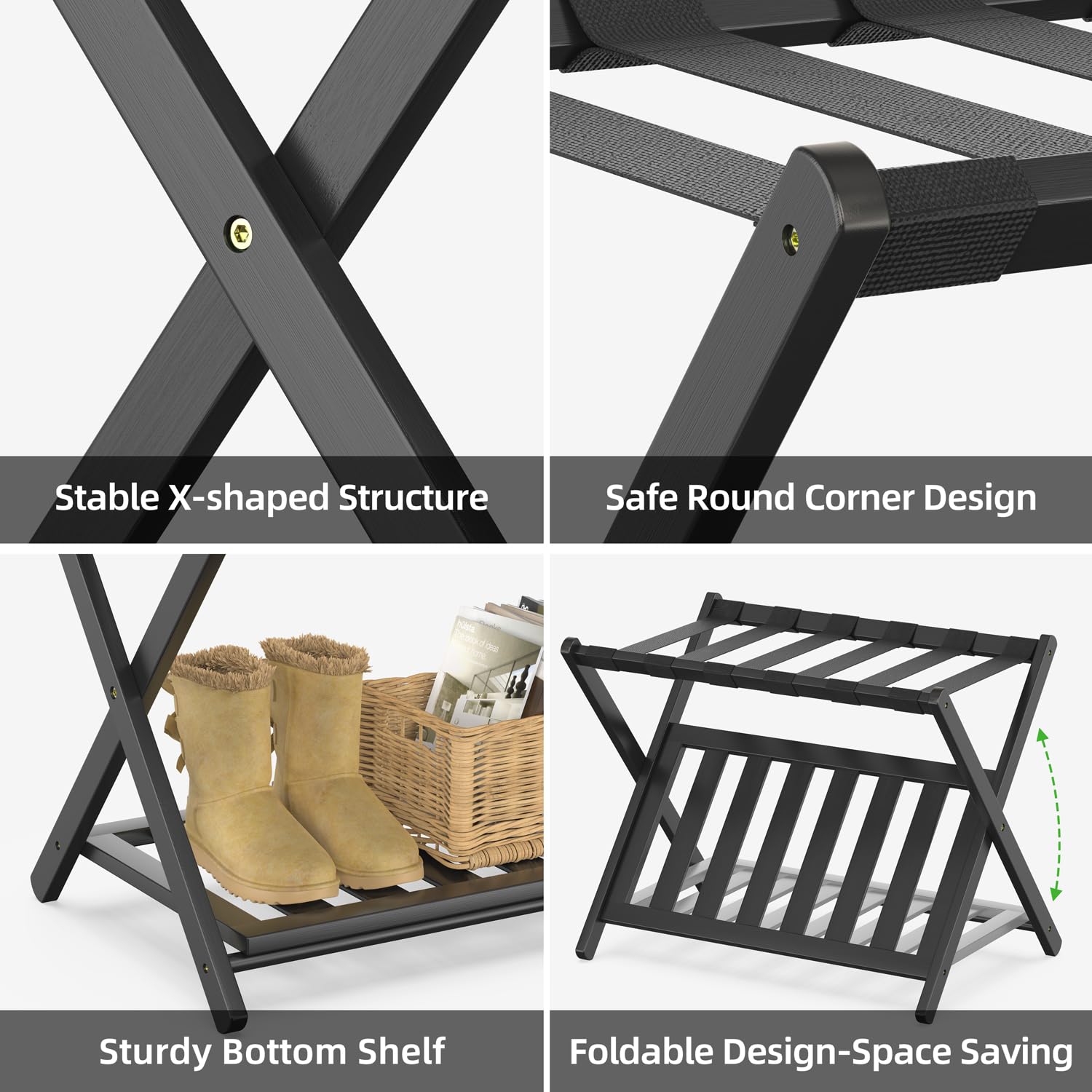 BAMBOOHOMIE Paquete de 2 portaequipajes de bambú para habitación de invitados, soporte plegable de 26.7 pulgadas con estante de almacenamiento, soporte grueso para equipaje para dormitorio, hotel