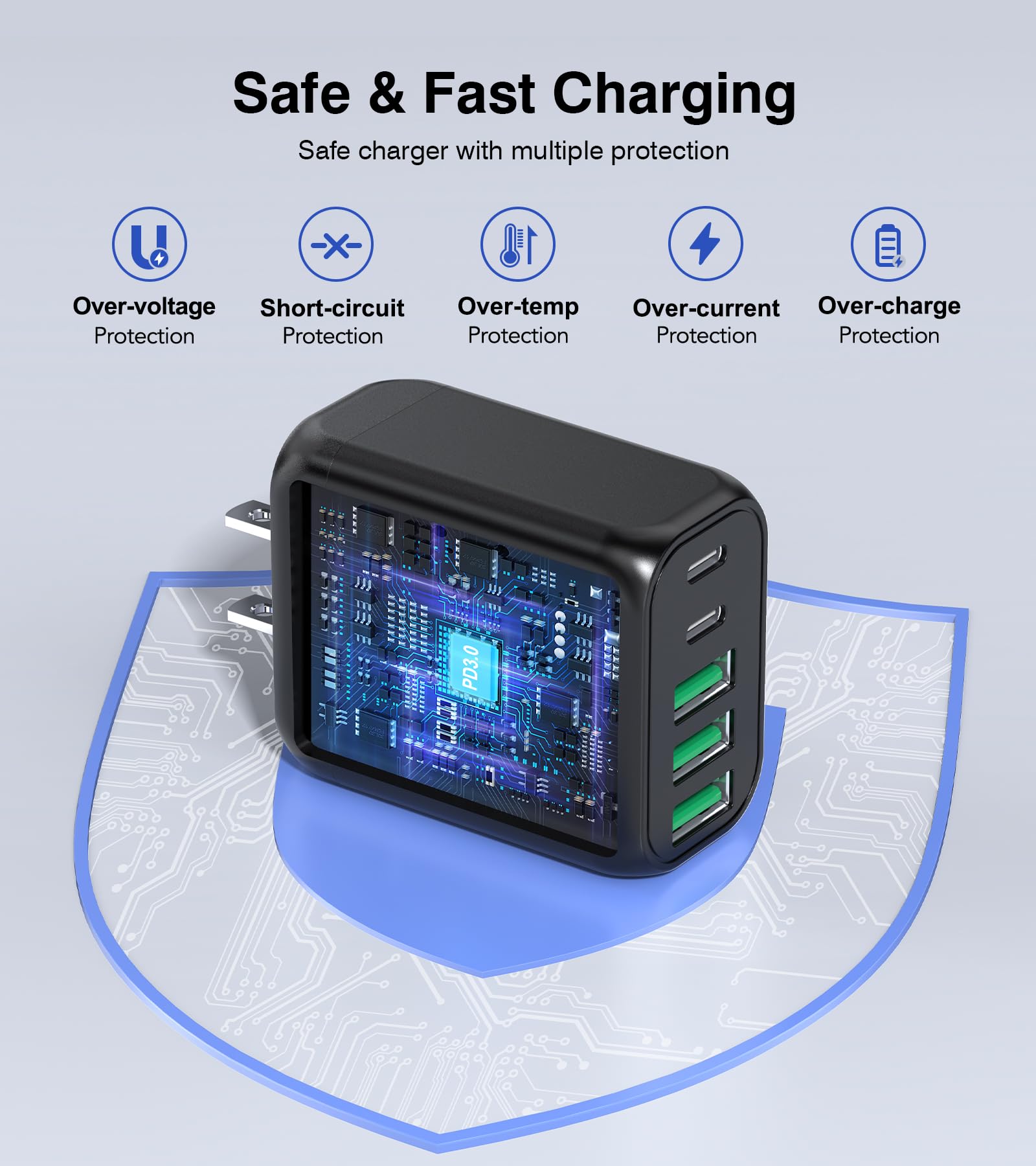 2-Pack 60W Fast Charger Block With 5 Ports - 30W PD USB C Wall Charger For IPhone, IPad, Galaxy