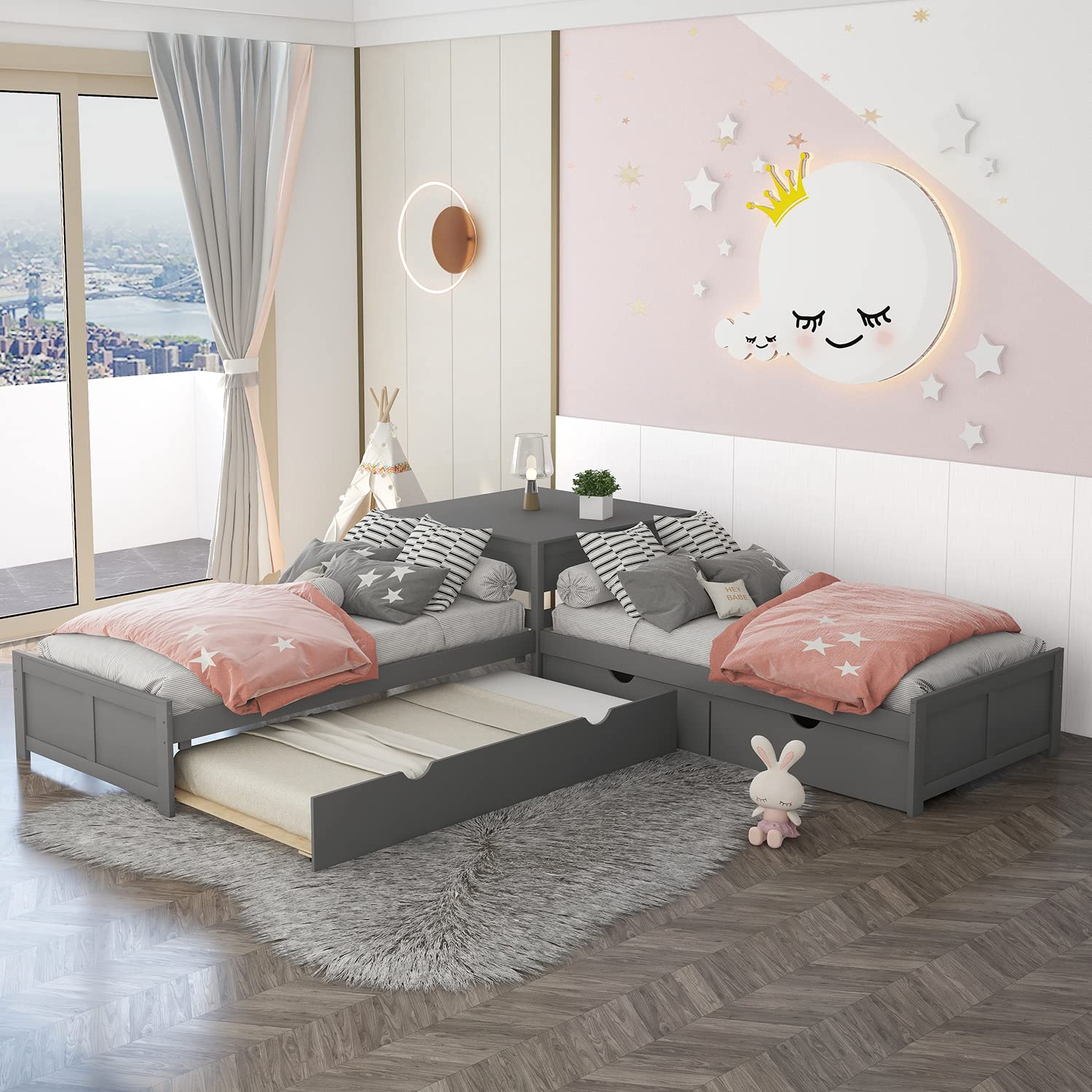 Buy LShape Twin Platform Beds with Trundle Wood Corner Daybed with 2