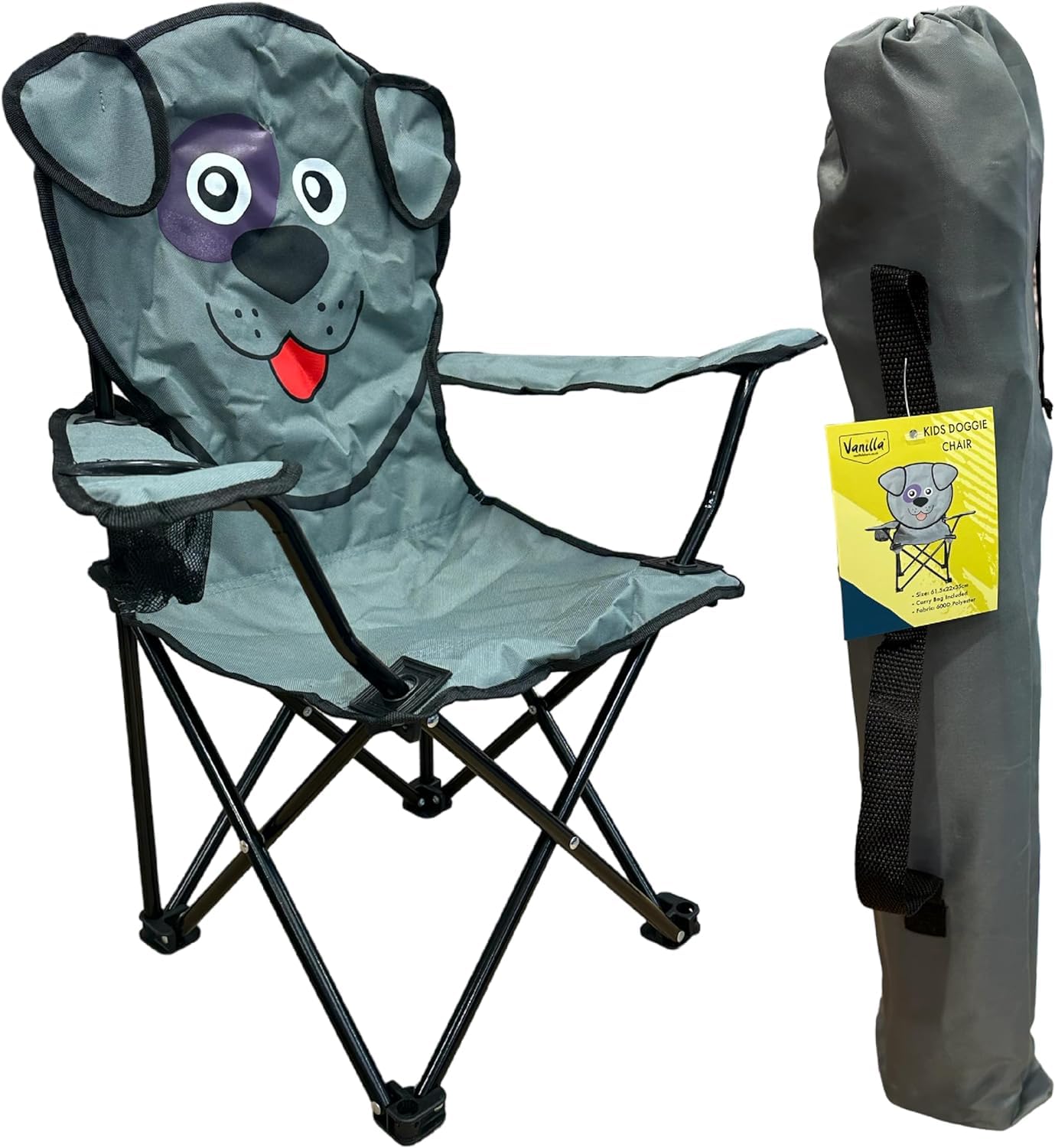 Vanilla Leisure - Kids Animal Camping Chair for Home Garden Toddler Saftey Lock Lightweight Childs Compact Chair with Cup Holder For Home Garden Picnic Includes Carry Bag. H70cm x W34cm x D26cm.