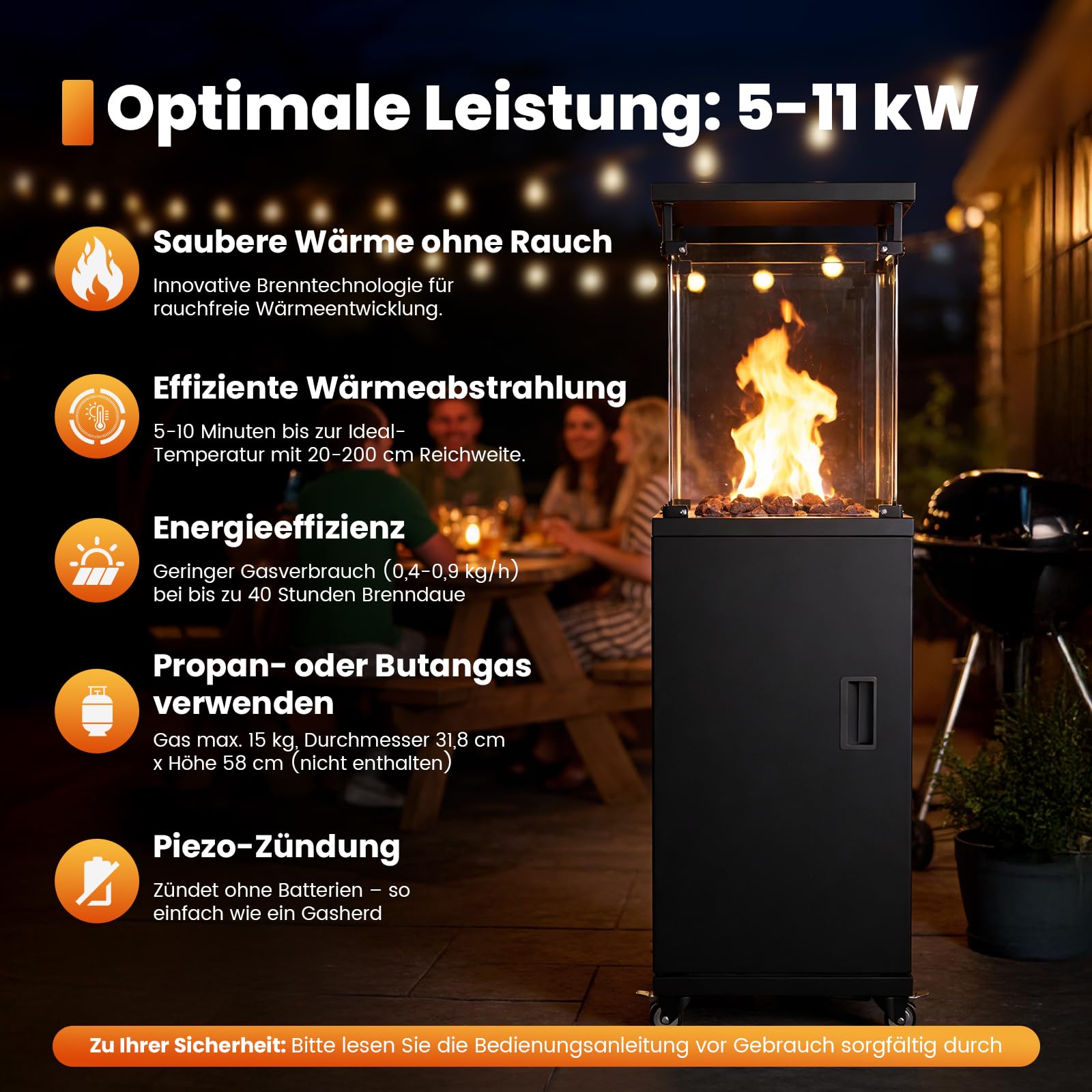 Sweetcrispy Heizstrahler Terrasse Gas 11 kW, Terrassenheizer, Propan Butan Gasheizstrahler, Mobiler Tragbarer Heizpilz, 360° Rollen Kippschutz, Gasheizung Gasheizer für Outdoor Garten, Schwarz