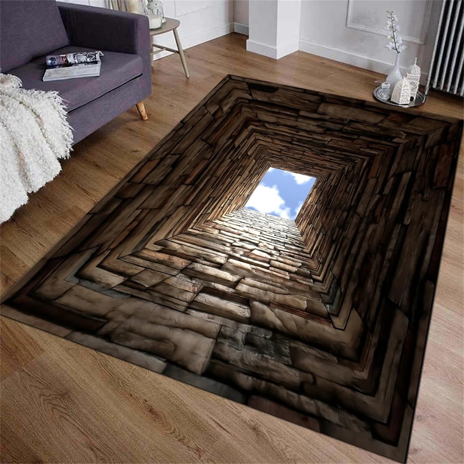 USHIRUG Optical Illusion Rug, 60x90cm Tunnel Area Rug, Brown Geometric Pattern Floor Mat, Rectangular Illusion Rug, Vortex Illusion Carpet, 3D Effect, Non-Slip, Washable Indoor Carpet for Living Room