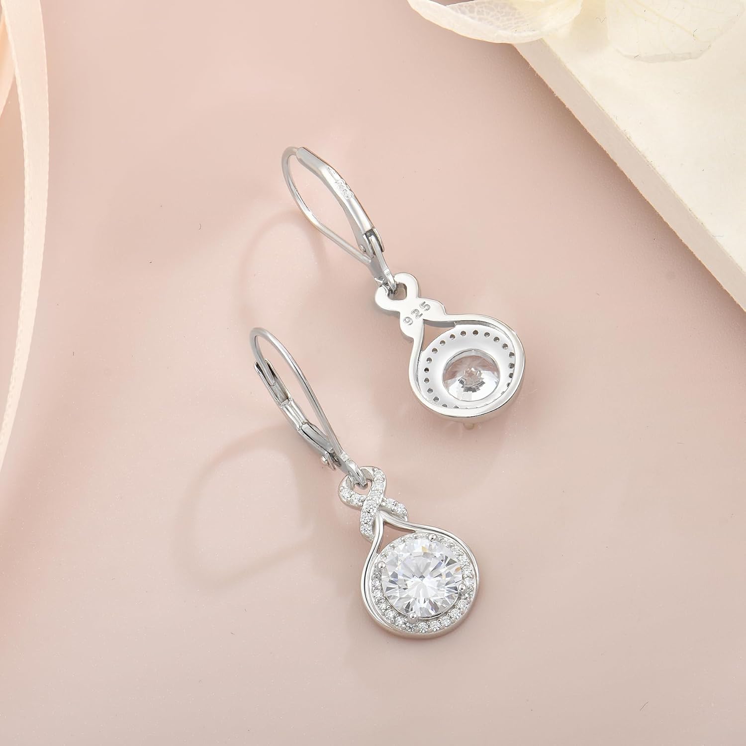 Infinity Drop Earrings for Women, 925 Sterling Silver Round Cut Zircon Leverback Earring Birthstone Jewelry Gift for Birthday Anniversary
