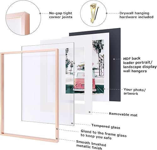 Miniatura 5 de Homeforia - Marco metálico color oro rosado de 16 x 20pulgadas con paspartú de 11 x 14pulgadas, para pared, marco de aluminio con vidrio templado