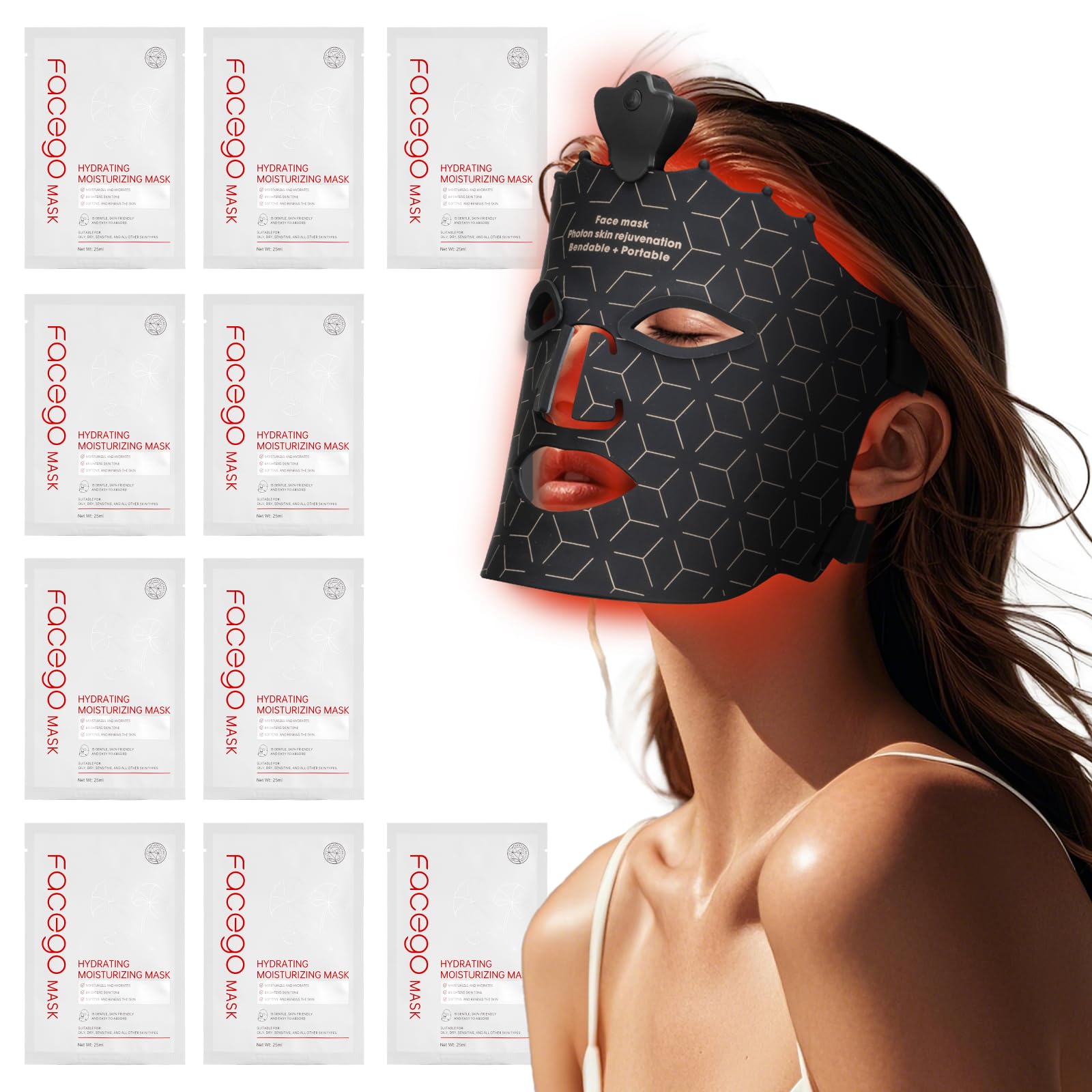 7 Colours Red Light Face Mask-Black 10- Count Hydrating Sheet Mask