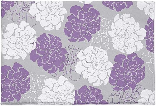 Miniatura 3 de Alfombra de baño con estampado floral de peonía, patrón geométrico abstracto, morado, gris, blanco, absorbente, antideslizante, de microfibra suave,