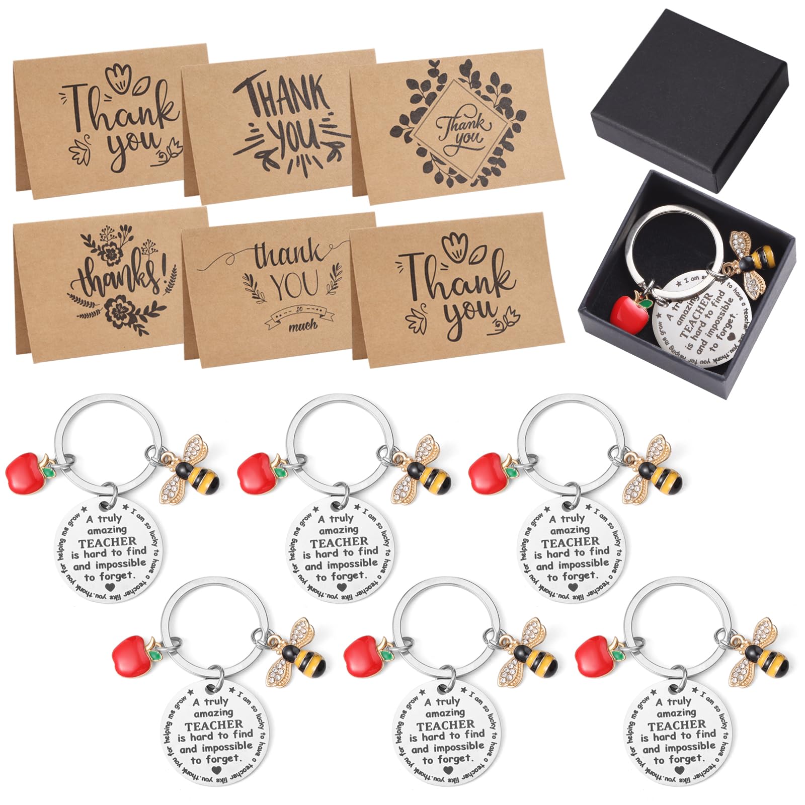 6 Pack Teacher Gifts Set, Thank You Teacher Gifts with Keychains, Greeting Cards, White Envelopes and Gift Boxes, Teacher Appreciation Gifts for End of Year, Graduation, Leaving Presents